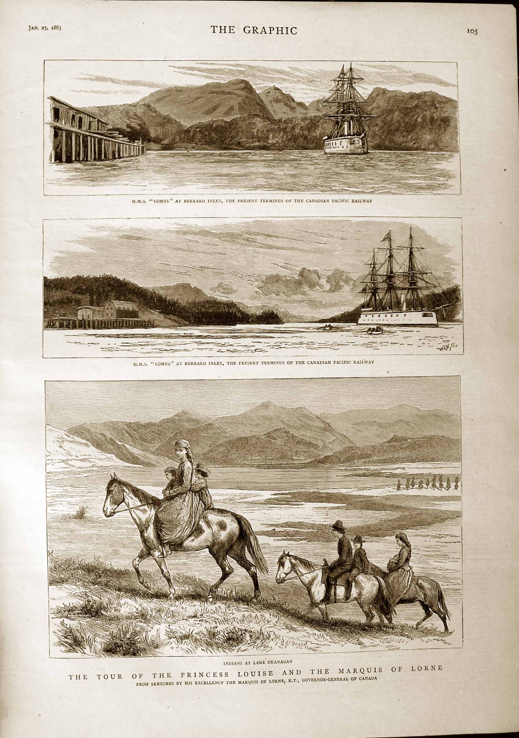 Old Antique Print 1883 Princess Louise Lorne Indians Okanagan Comus Ship 19th
