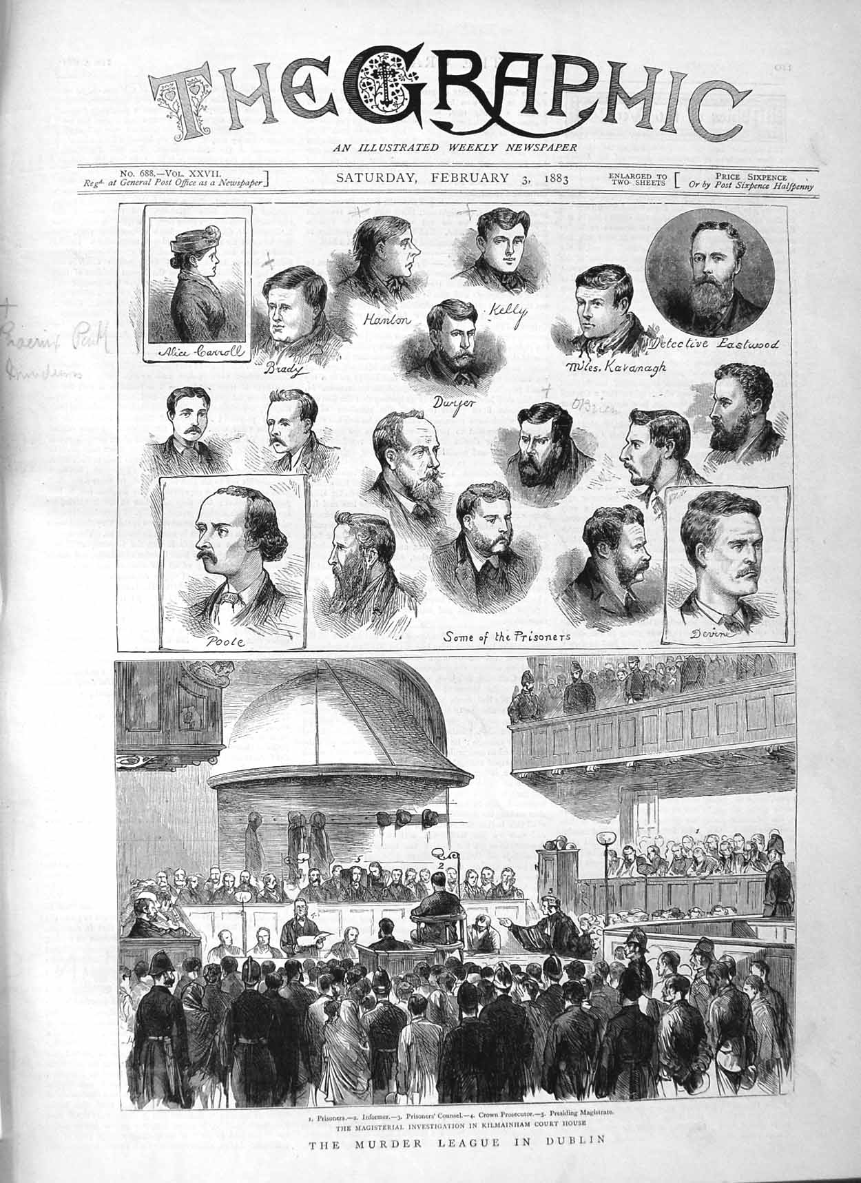 Original Old Antique Print 1883 Murder League Dublin Kilmainham Court Prisoners