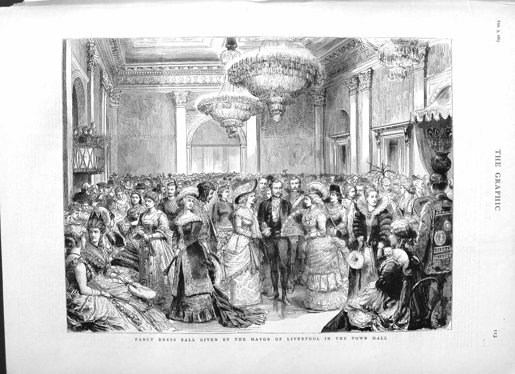 Original Old Antique Print 1883 Fancy Dress Ball Mayor Liverpool Town Hall 19th