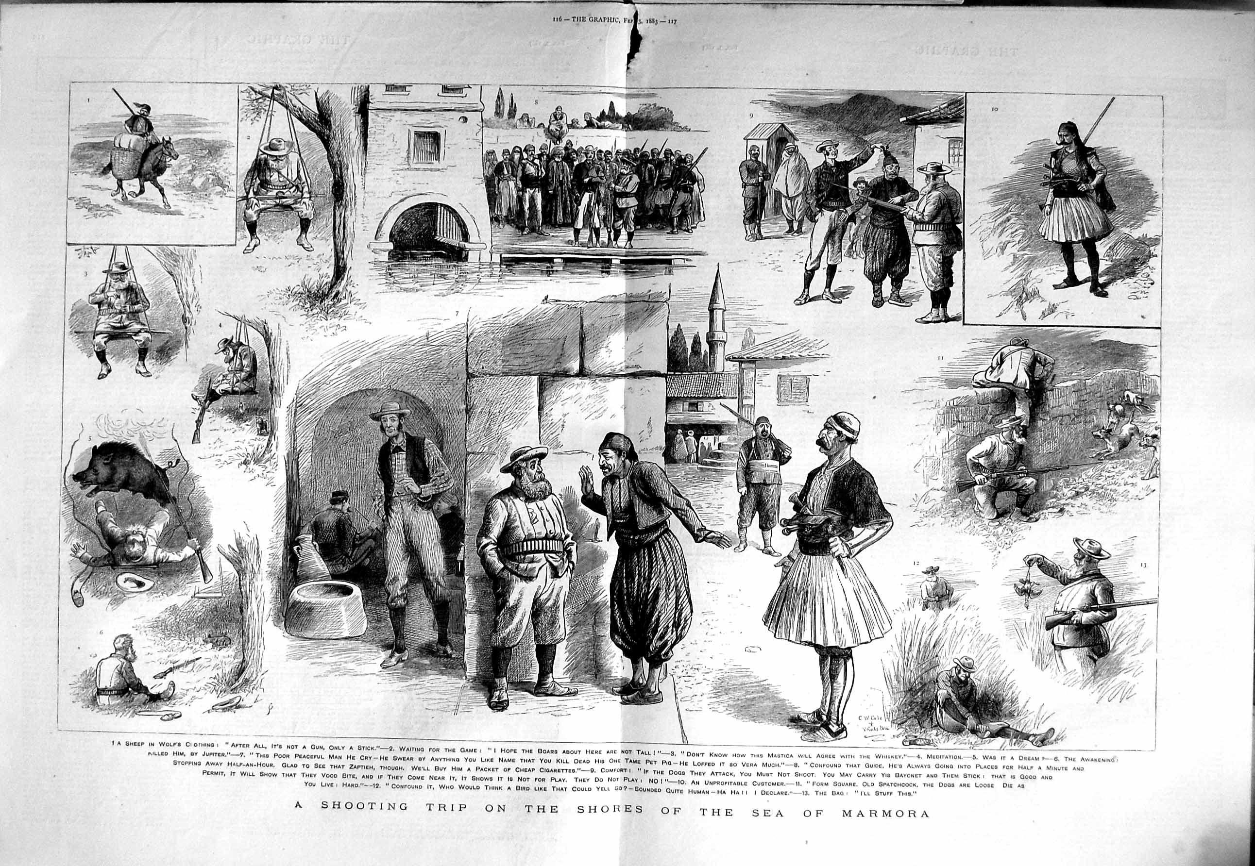 Old Antique Print 1883 Shooting Trip Sea Marmora Hunting Mastica Boars 19th