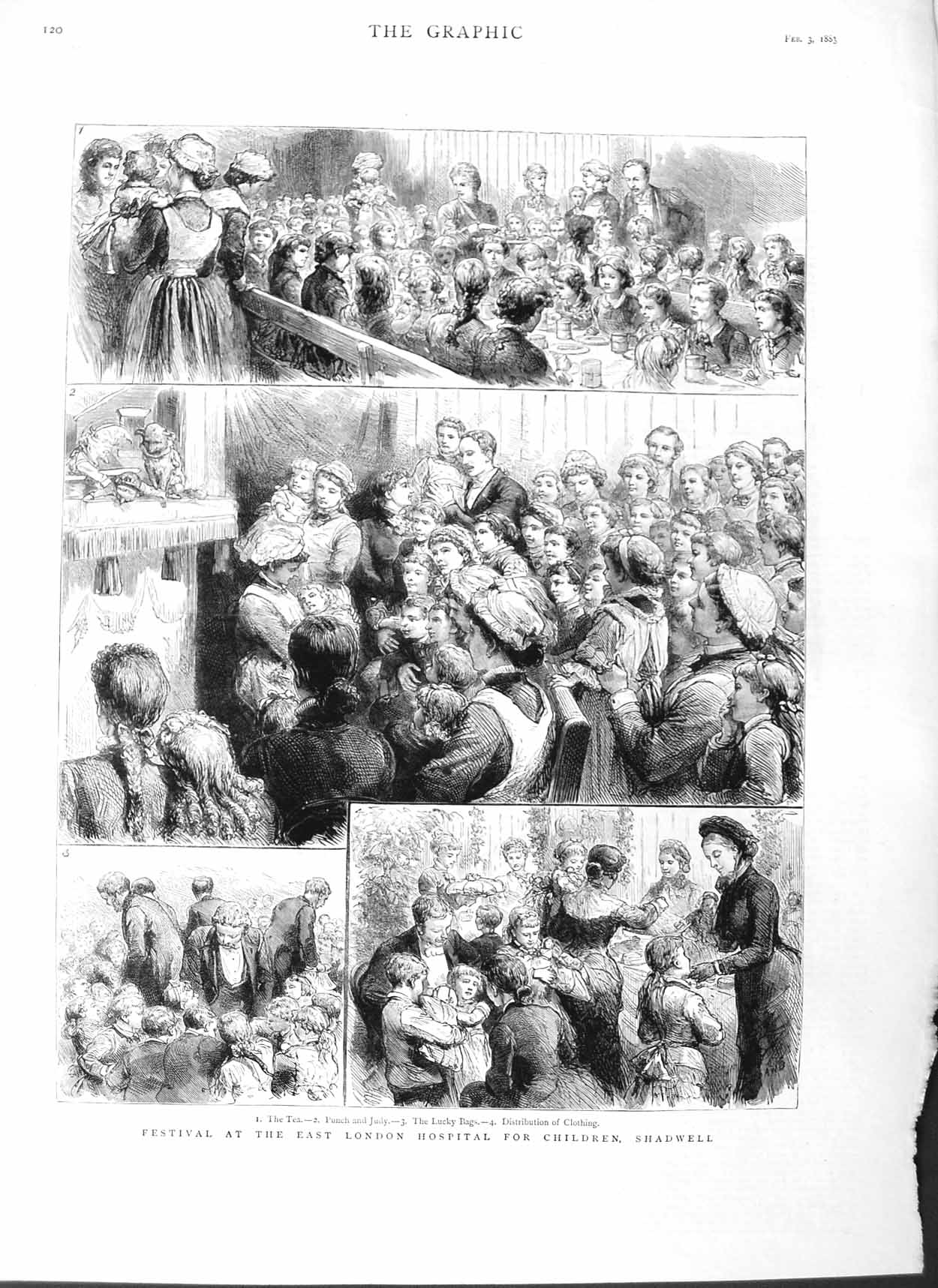 Antique Old Print *3090 1883 Festival East London Hospital Children Shadwell