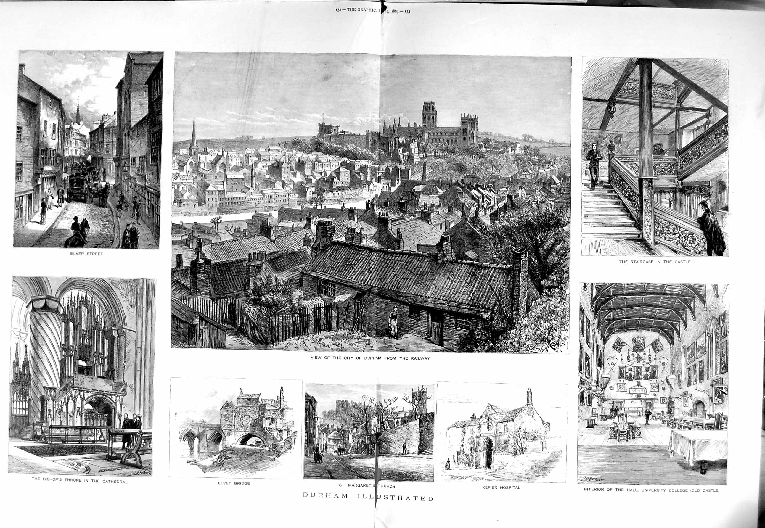 Original Old Antique Print 1883 Durham Castle Cathedral University Galilee 19th