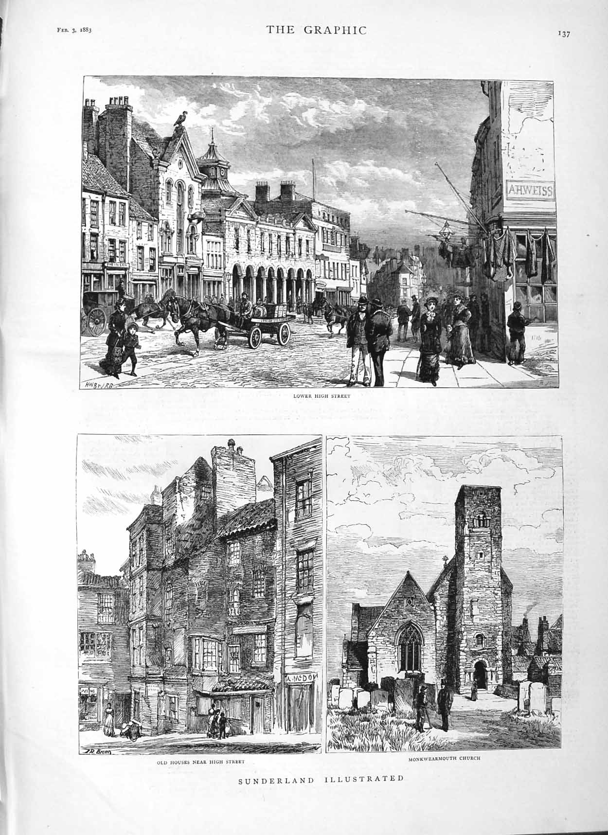 Original Old Antique Print 1883 Sunderland Monkwearmouth Church High Victorian