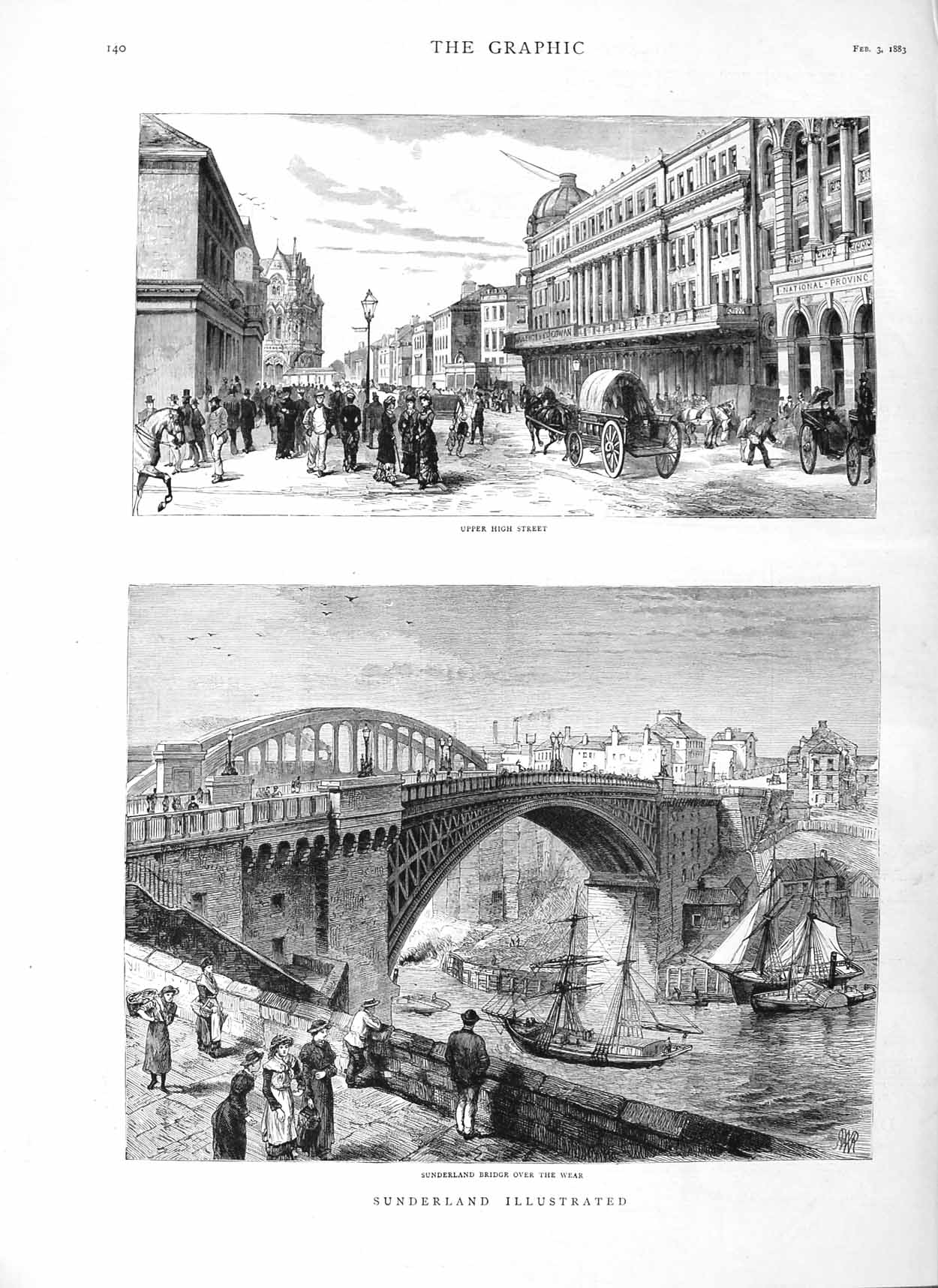 Original Old Antique Print 1883 Sunderland Bridge Wear Upper High Street 19th
