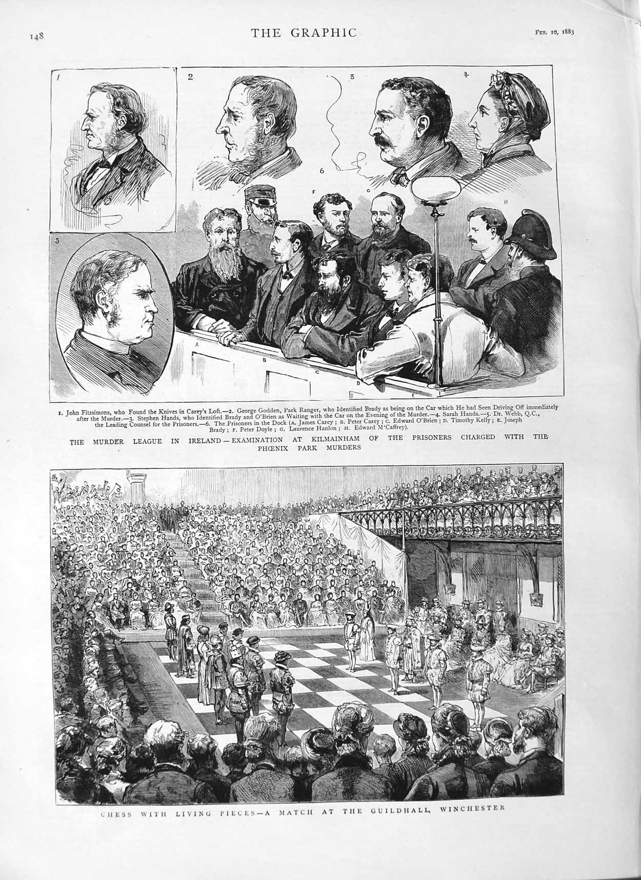 Original Old Antique Print 1883 Chess Guildhall Winchester Murder Ireland 19th