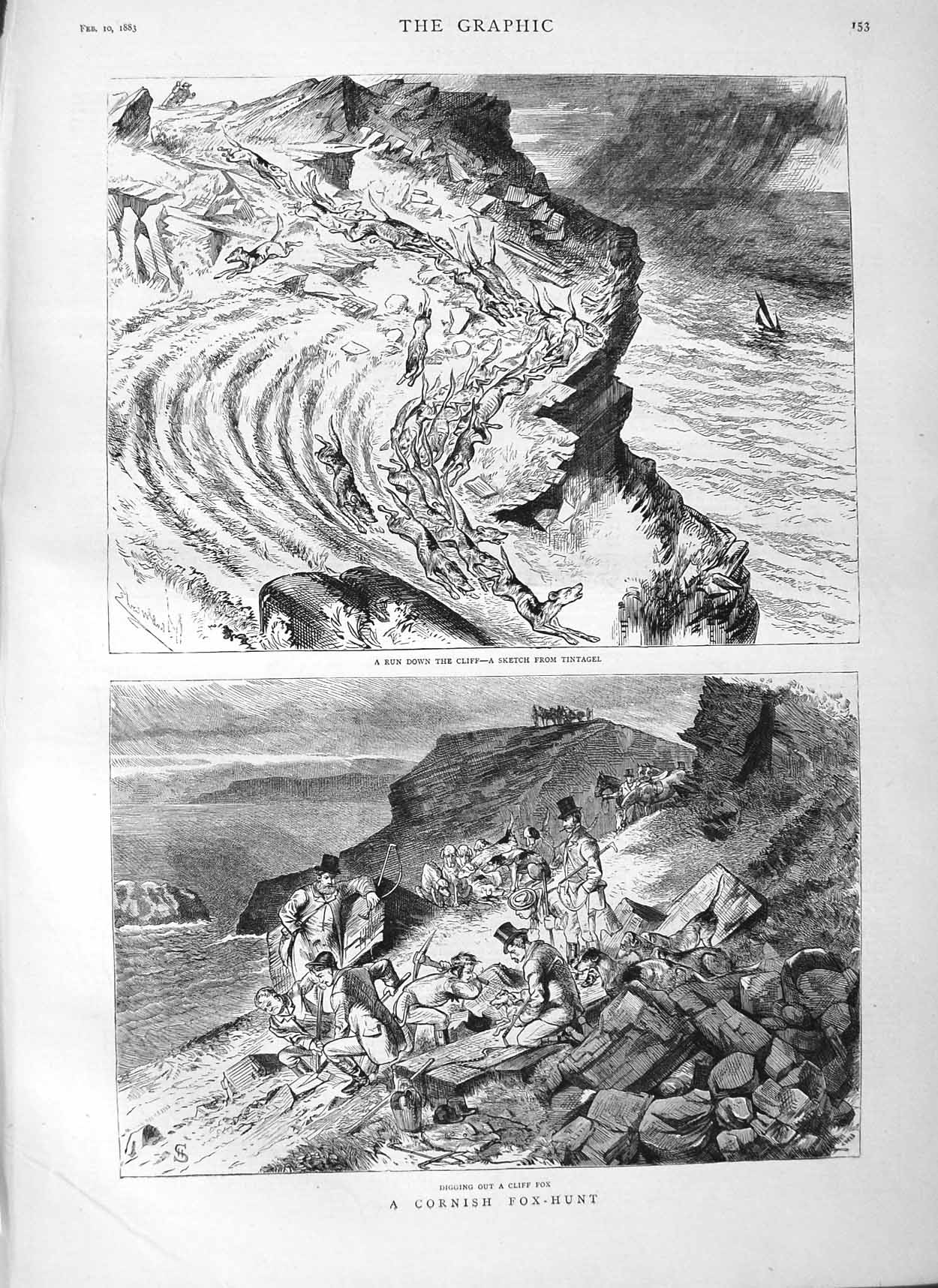 Original Old Antique Print 1883 Cornish Fox Hunting Tintagel Dogs Hounds Sport