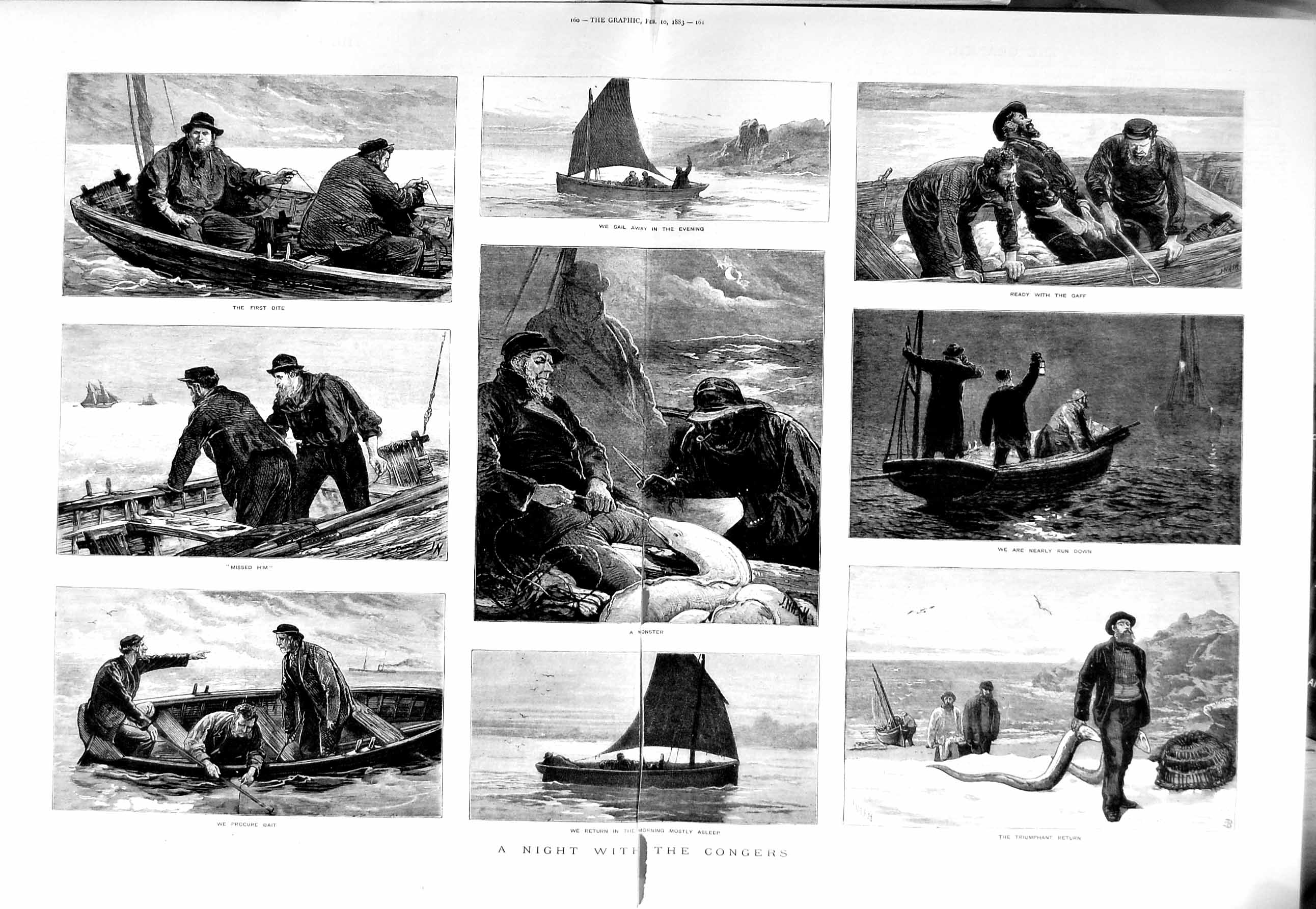Original Old Antique Print 1883 Congers Fishing Boats Boat Fishermen Fine Art