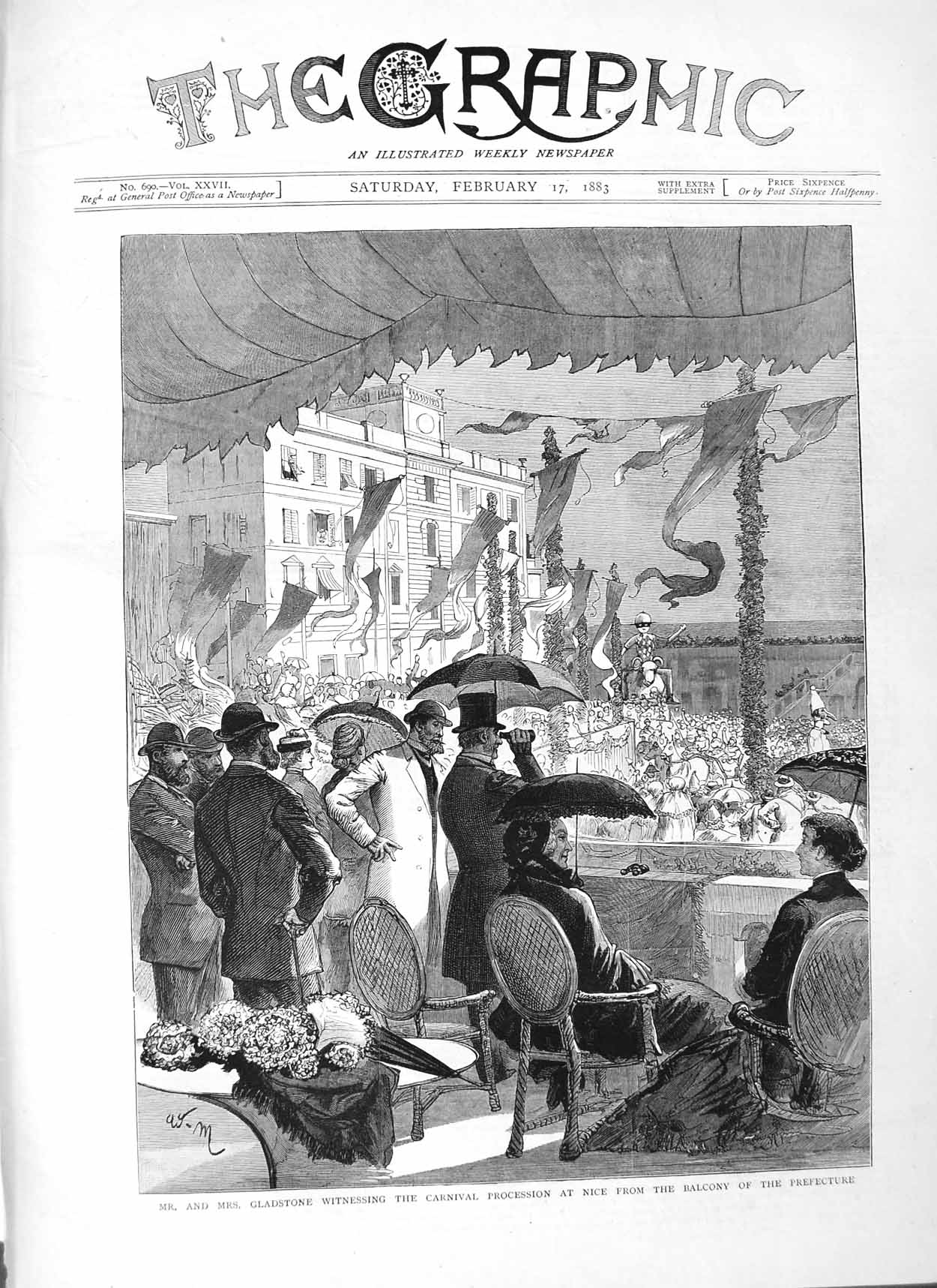 Original Old Antique Print 1883 Gladstone Carnival Procession Nice Prefecture