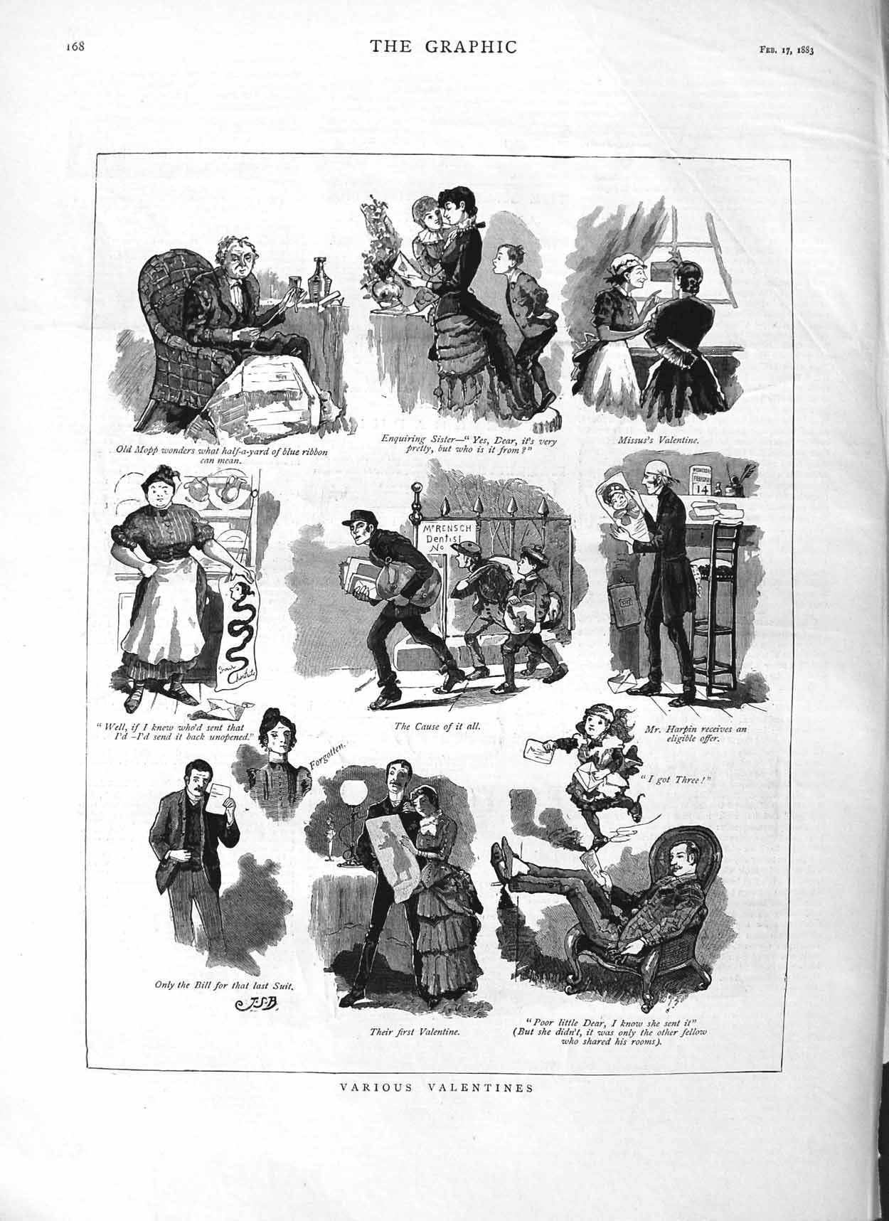 Original Old Antique Print 1883 Valentines Cards Families Children Victorian