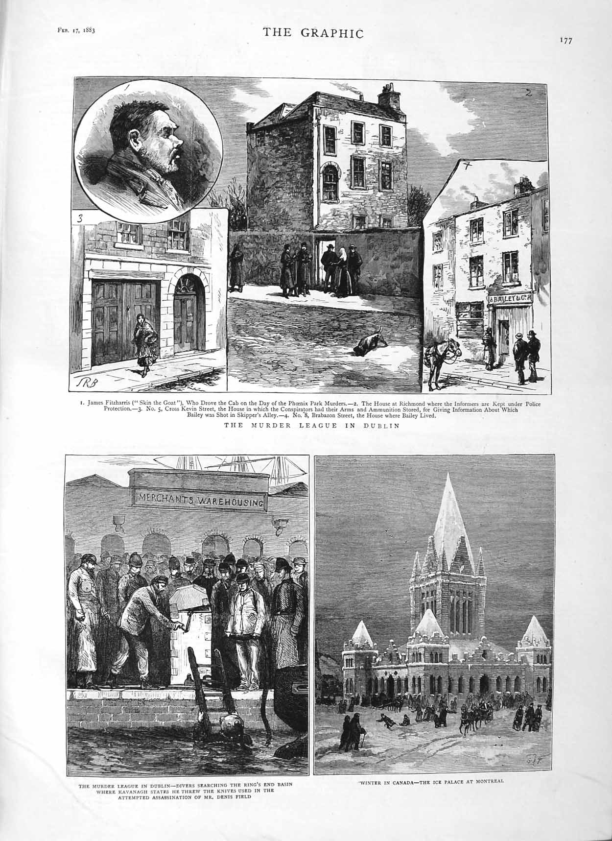 Original Old Antique Print 1883 Murder League Dublin Ice Palace Canada Montreal