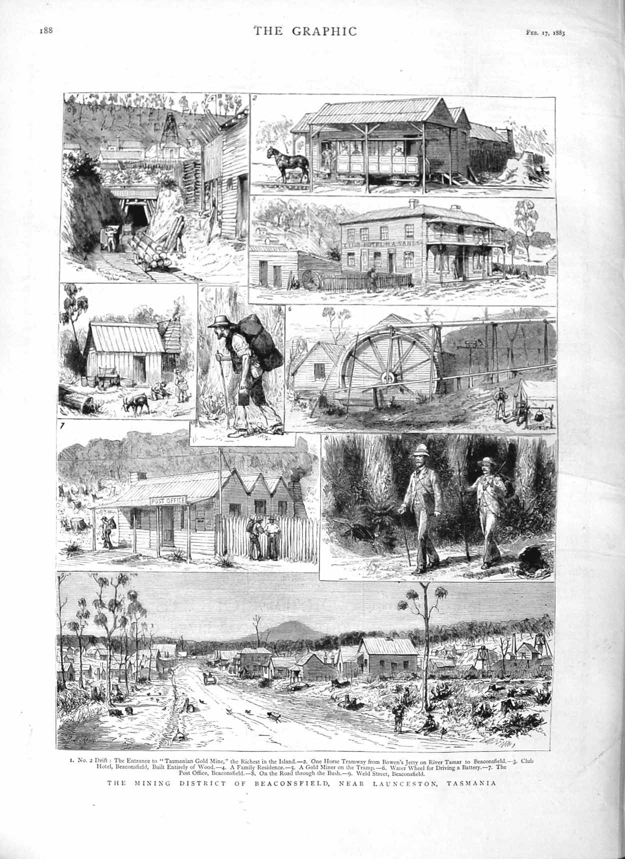 Original Old Antique Print 1883 Mining District Beaconsfield Tasmania GMine