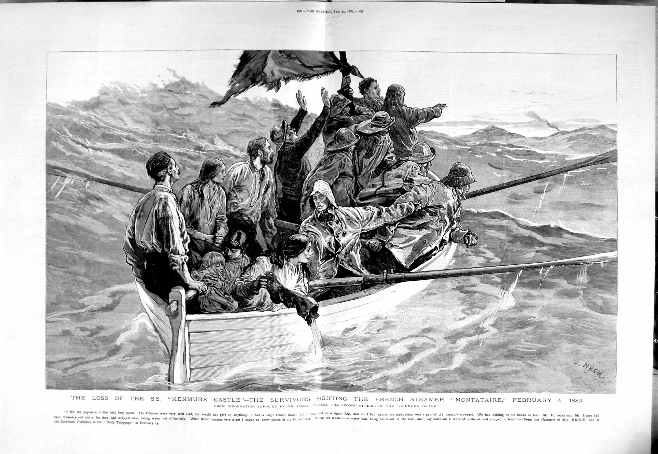 Original Old Antique Print 1883 Loss Ship S.S Kenmure Castle Montataire F 19th