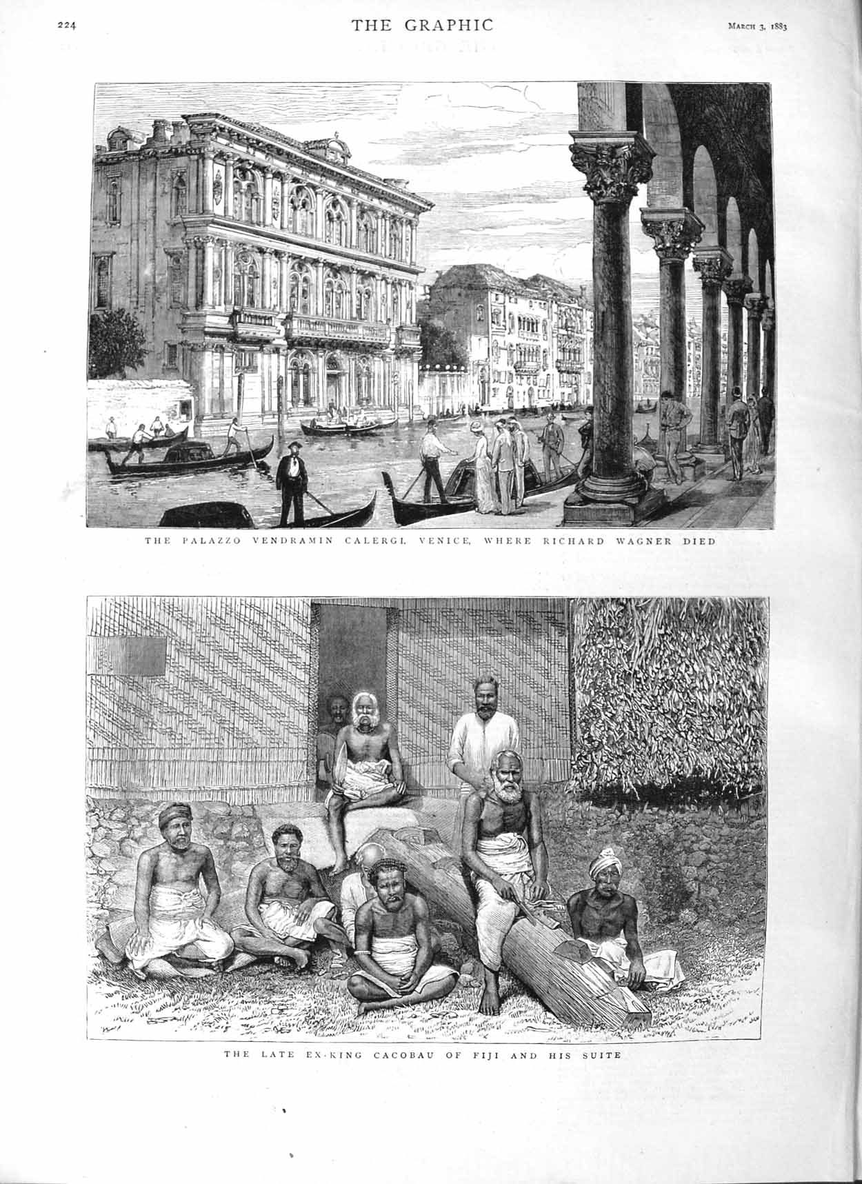 Old Antique Print 1883 King Cacobau Fiji Palazzo Vendramin Venice Wagner 19th