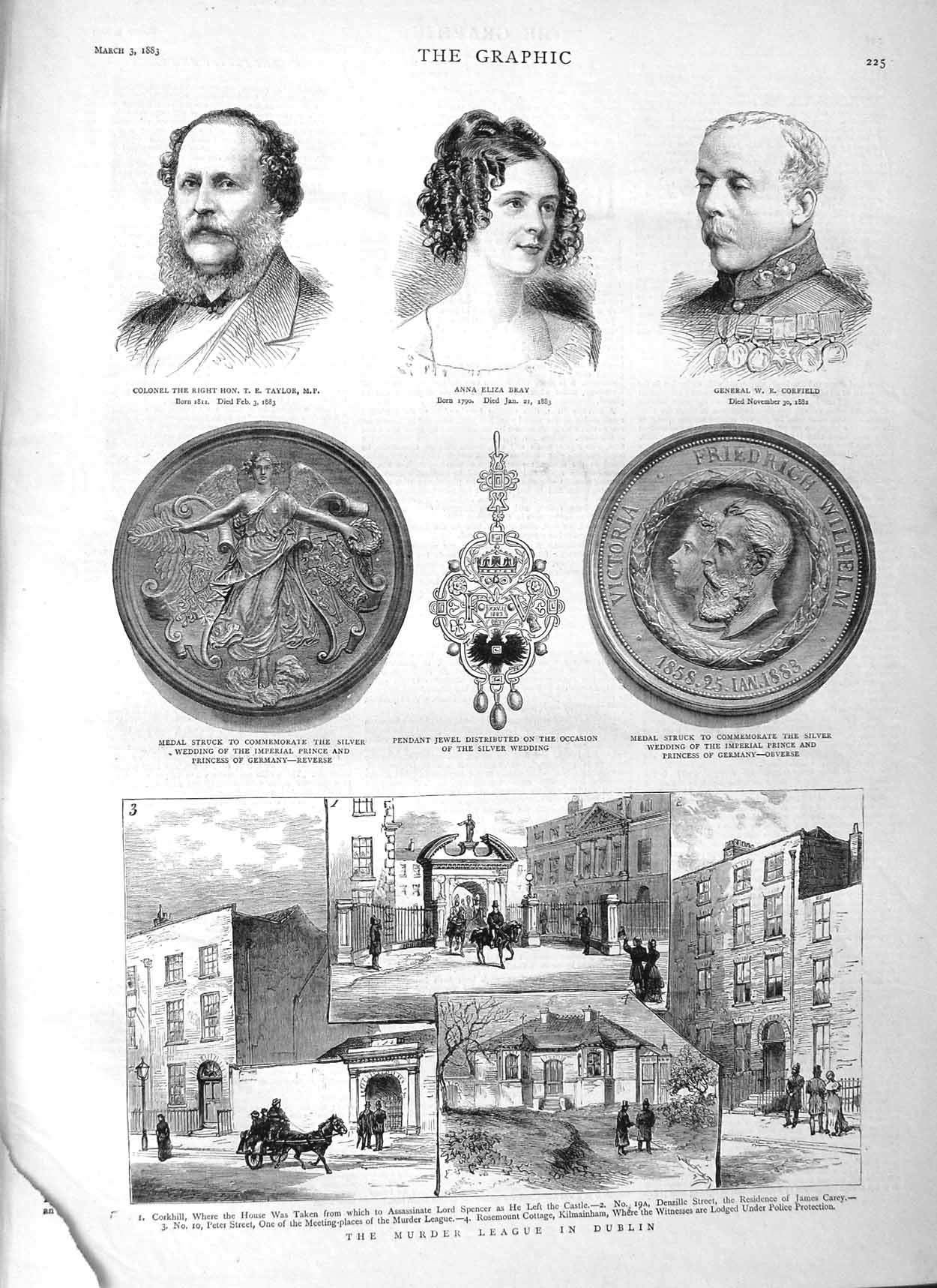 Original Old Antique Print 1883 Murder League Dublin Corkhill Taylor Bray Medal