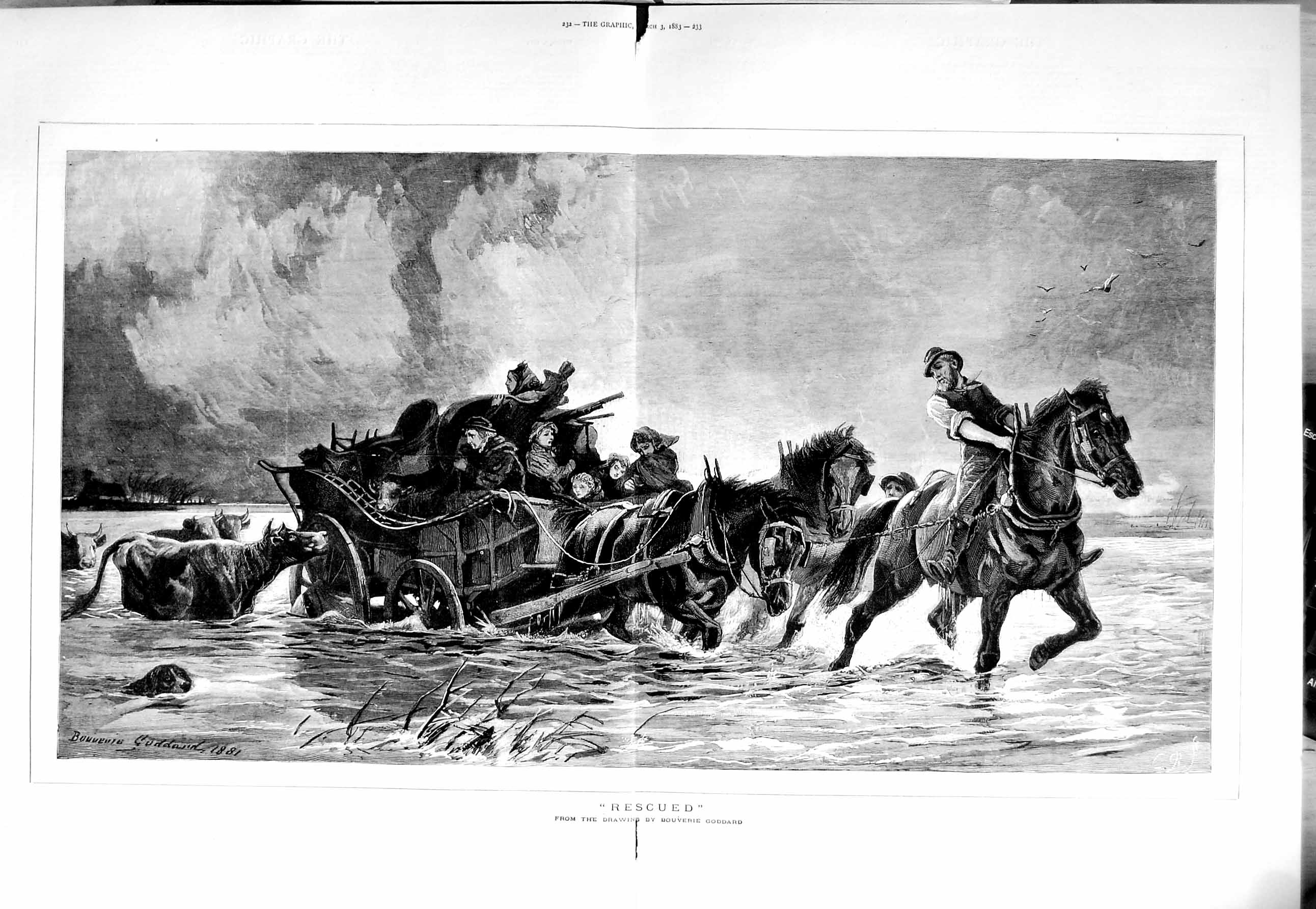 Old Antique Print 1883 Fine Art Bouverie Goddard Horses Carriage Floods 19th