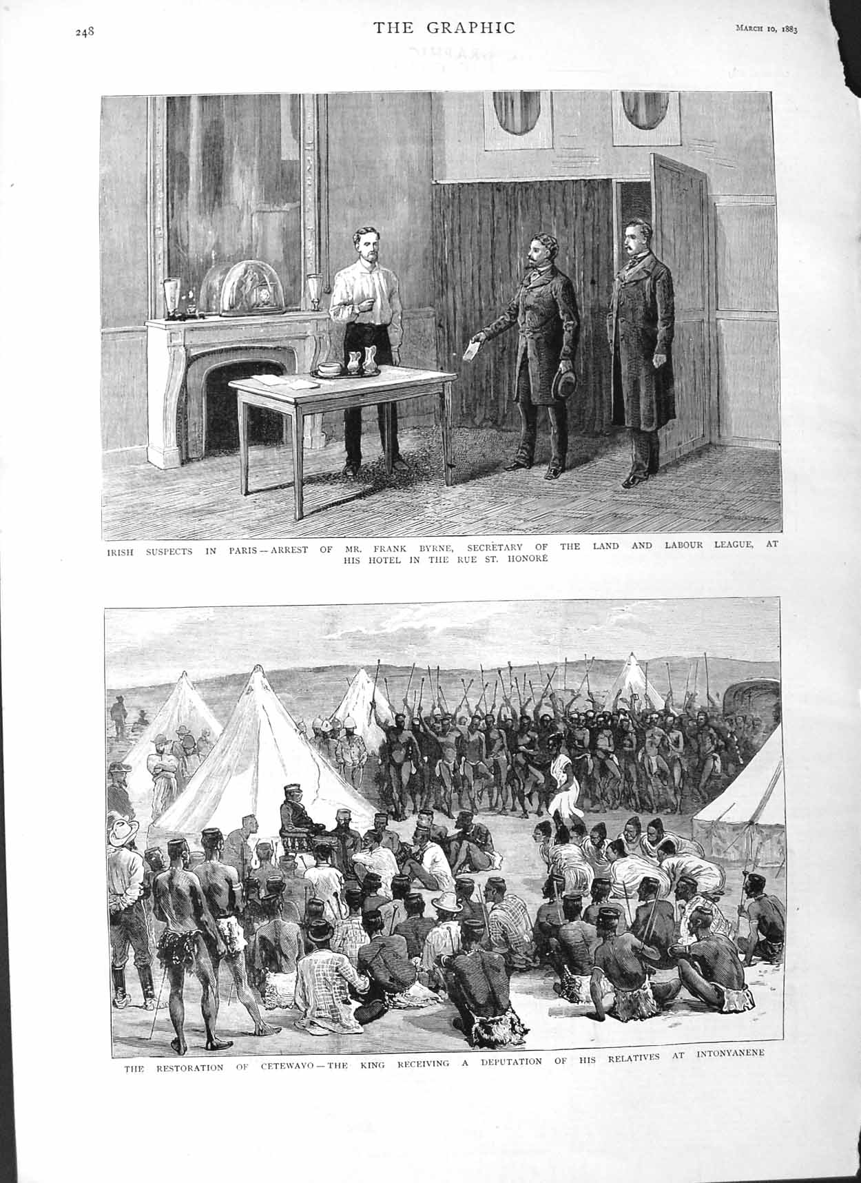 Original Old Antique Print 1883 Paris Byrne League Ireland Cetewayo Intonyanene