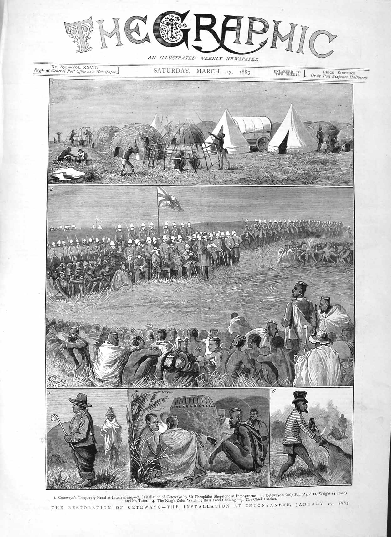Original Old Antique Print 1883 Cetewayo Kraal Intonyanene King Zulu Shepstone