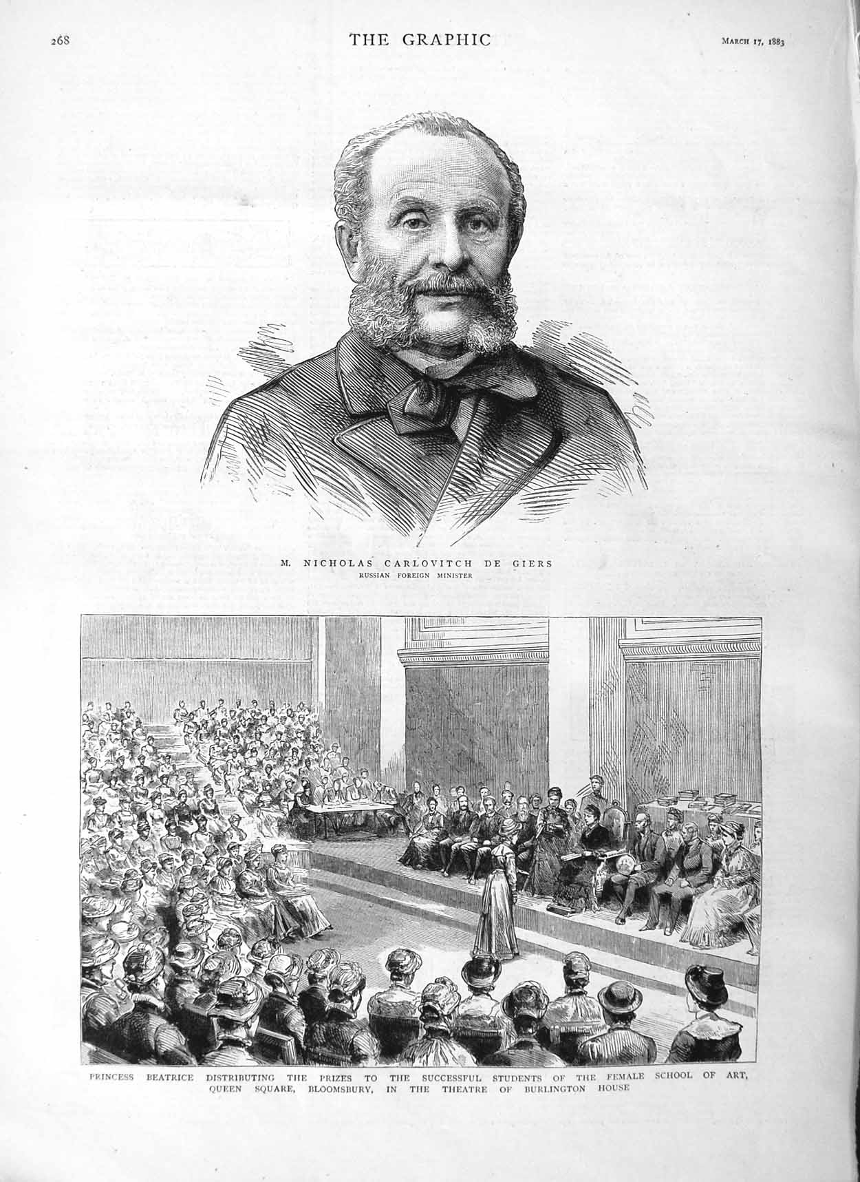 Old Antique Print 1883 Nicholas Carlovitch Giers Princess Beatrice School 19th