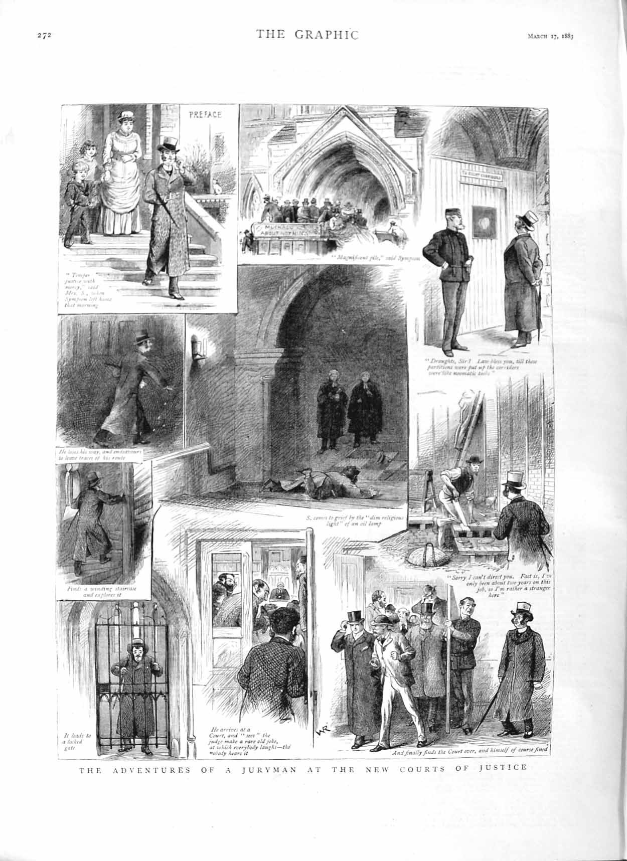 Original Old Antique Print 1883 Adventures Juryman New Courts Justice Sympson