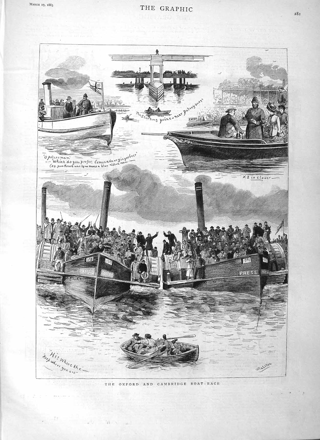 Old Antique Print 1883 Oxford Cambridge University Boat Race Sport River 19th