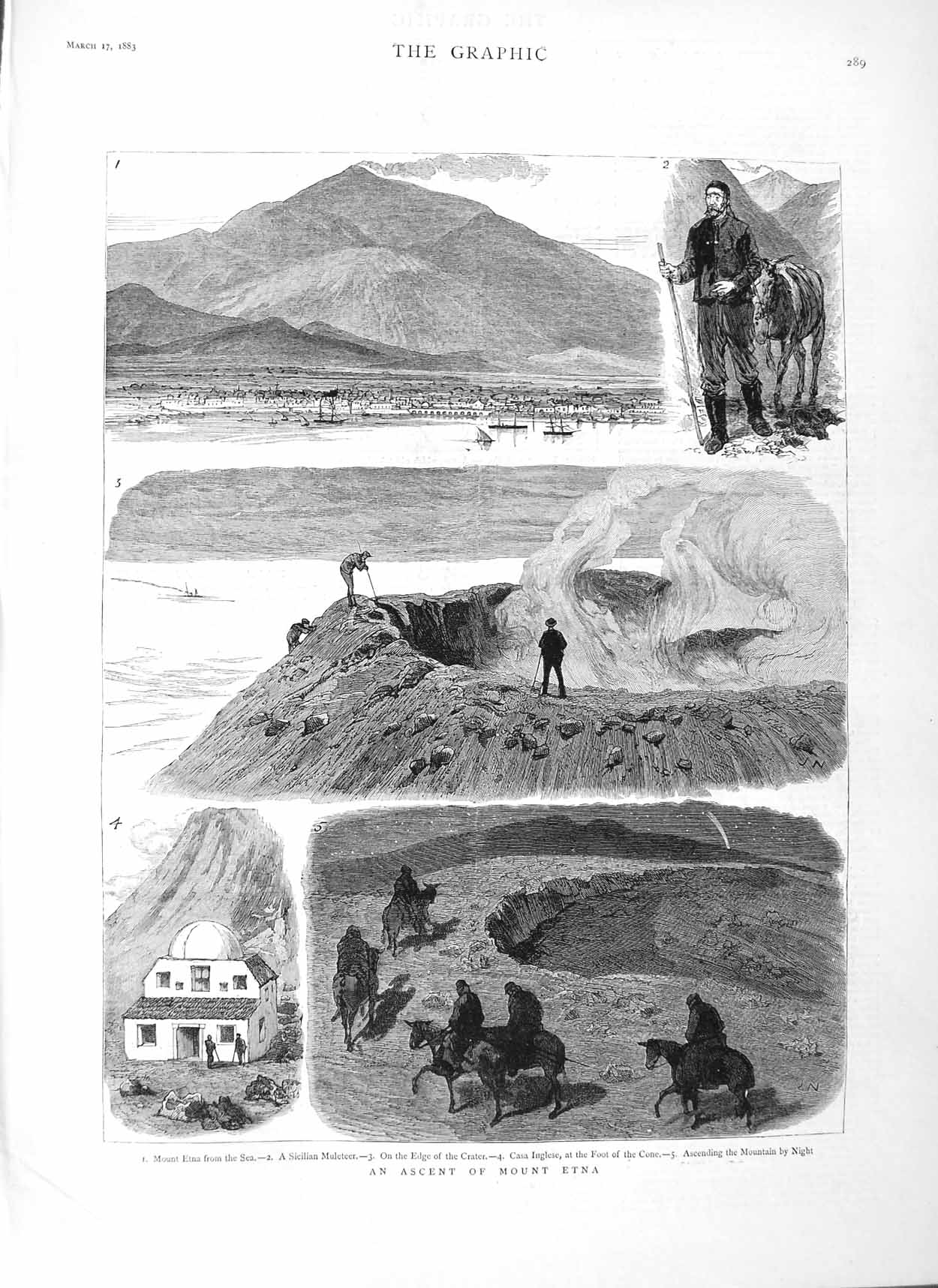 Original Old Antique Print 1883 Scene Ascent Mount Etna Volcano Mountain M 19th