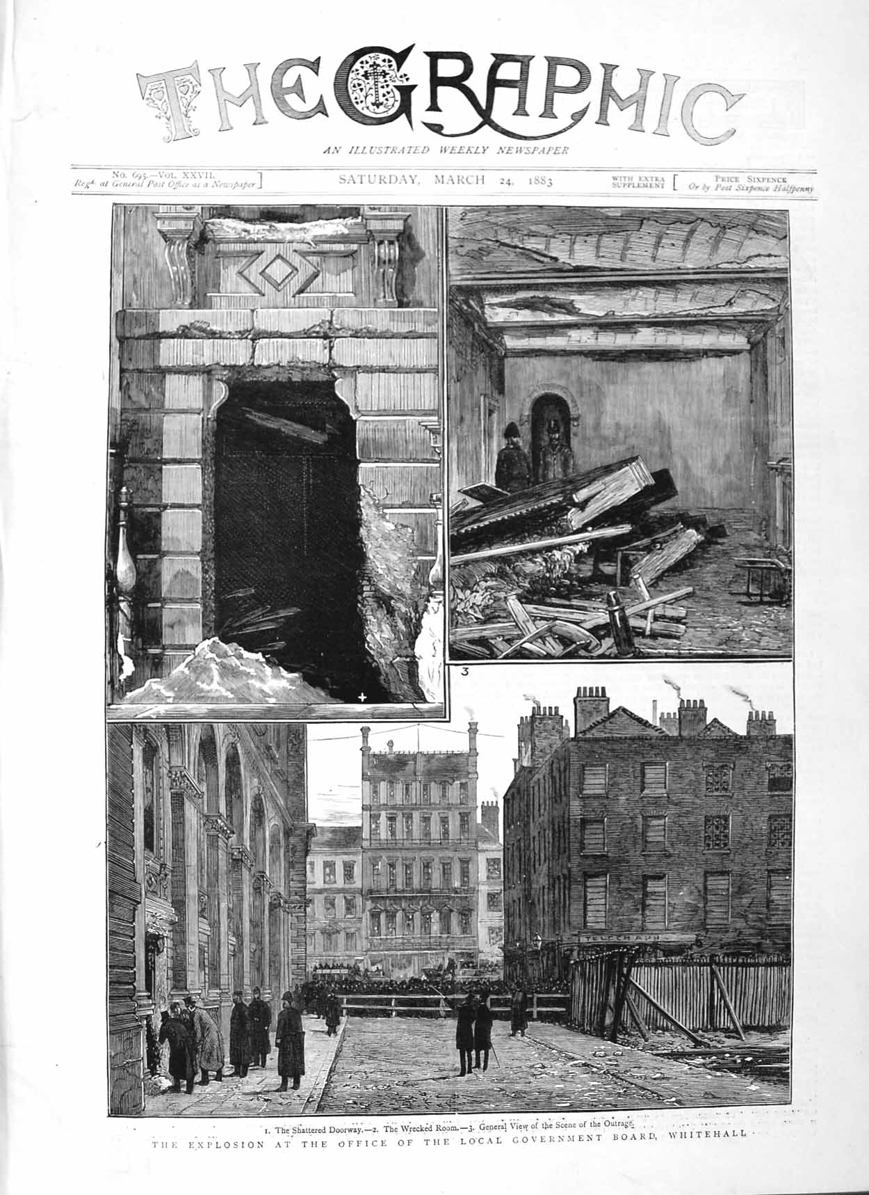Original Old Antique Print 1883 Explosion Office Government Board Whitehall Art