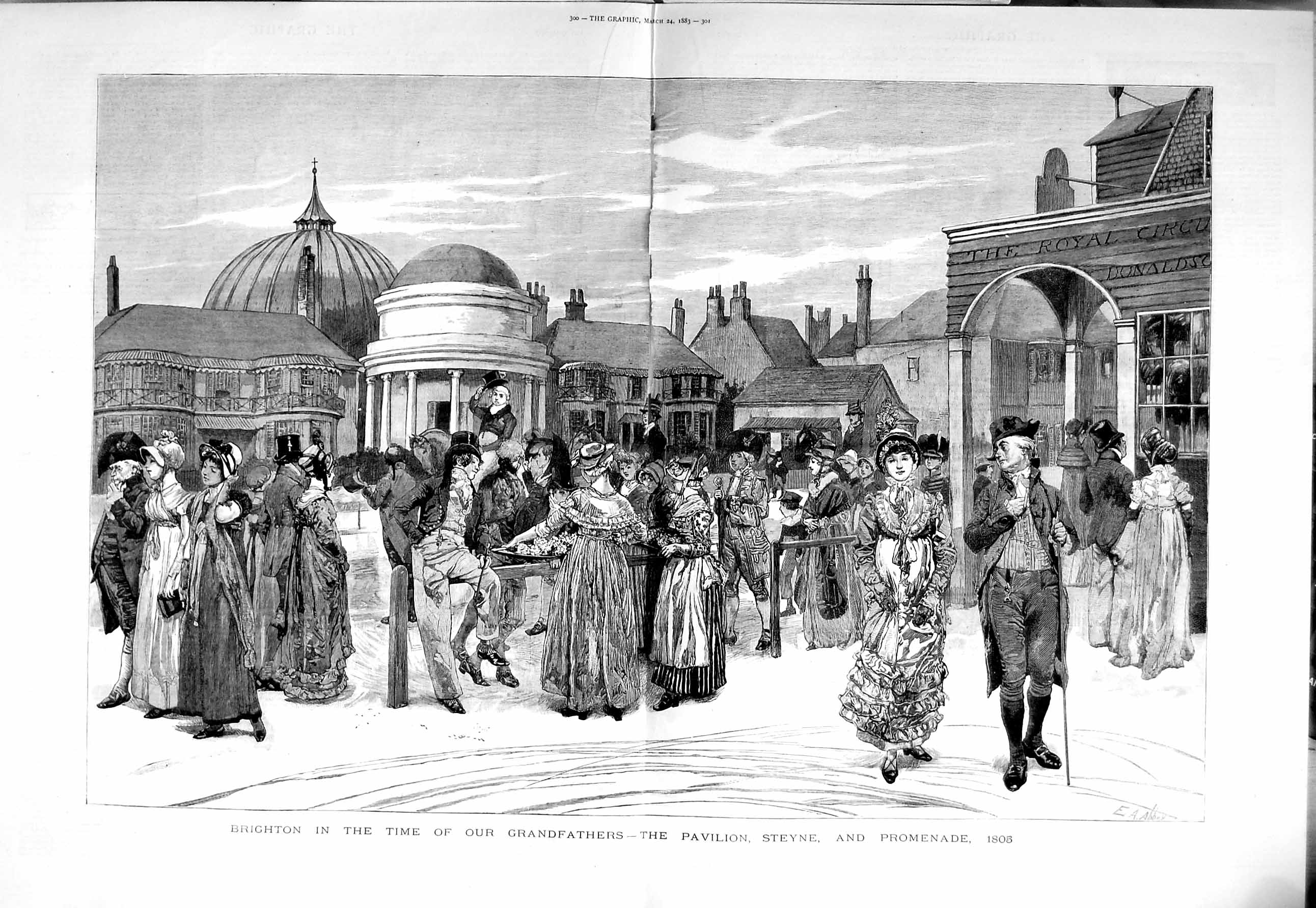 Old Antique Print 1883 Scene Pavilion Steyne Promenade Brighton Fine Art 19th