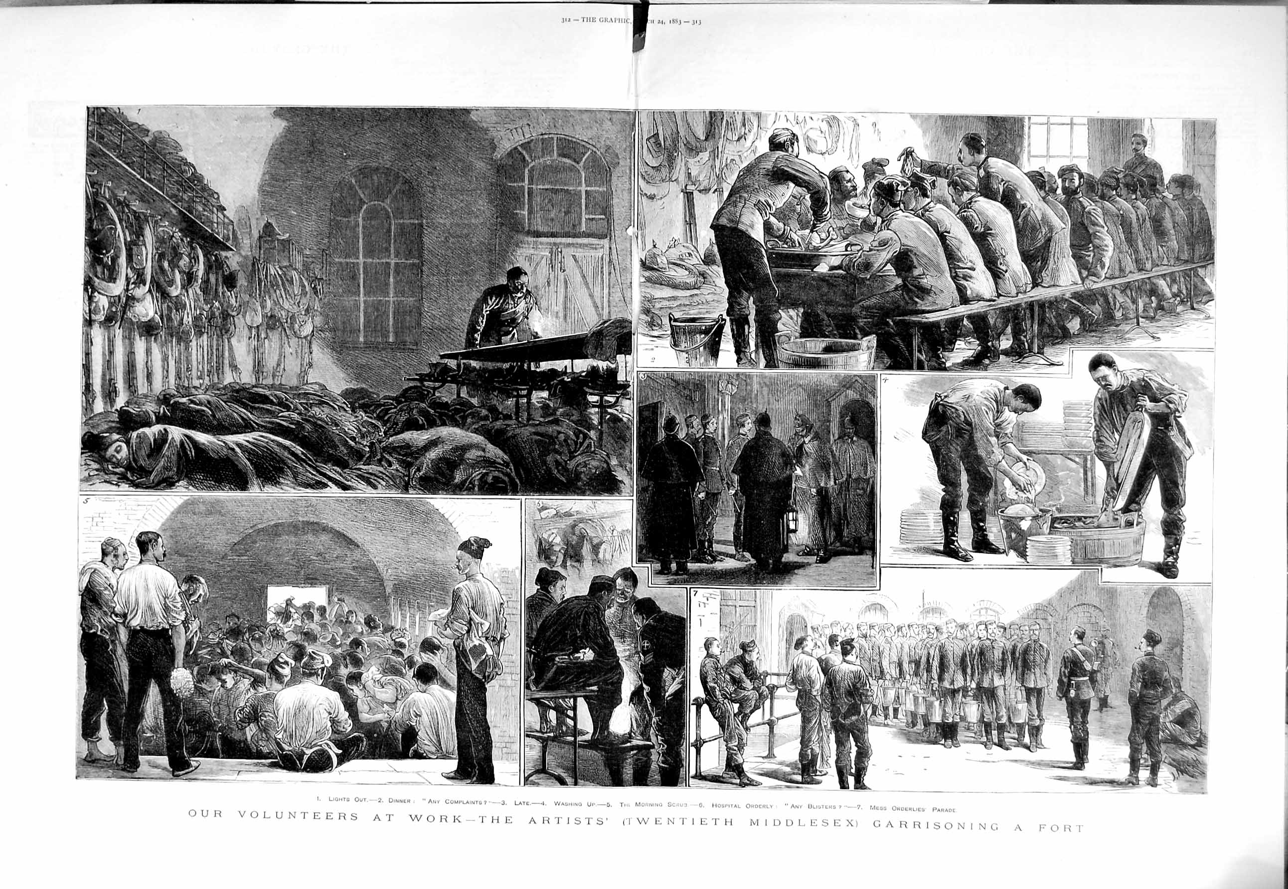 Old Antique Print 1883 Siers Volunteers War Fort Mess Orderlies Parade 19th