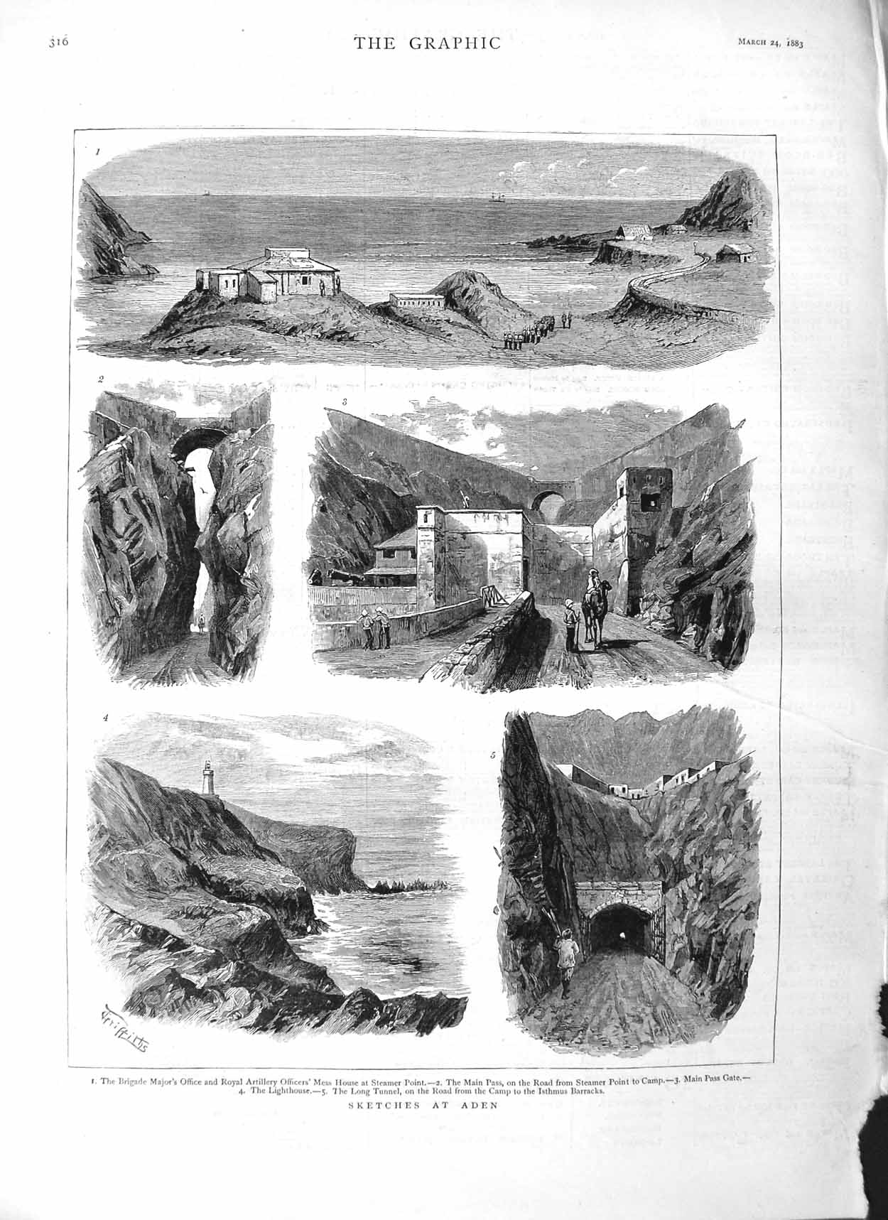 Original Old Antique Print 1883 Aden Mess House Isthmus Barracks Lighthouse Art