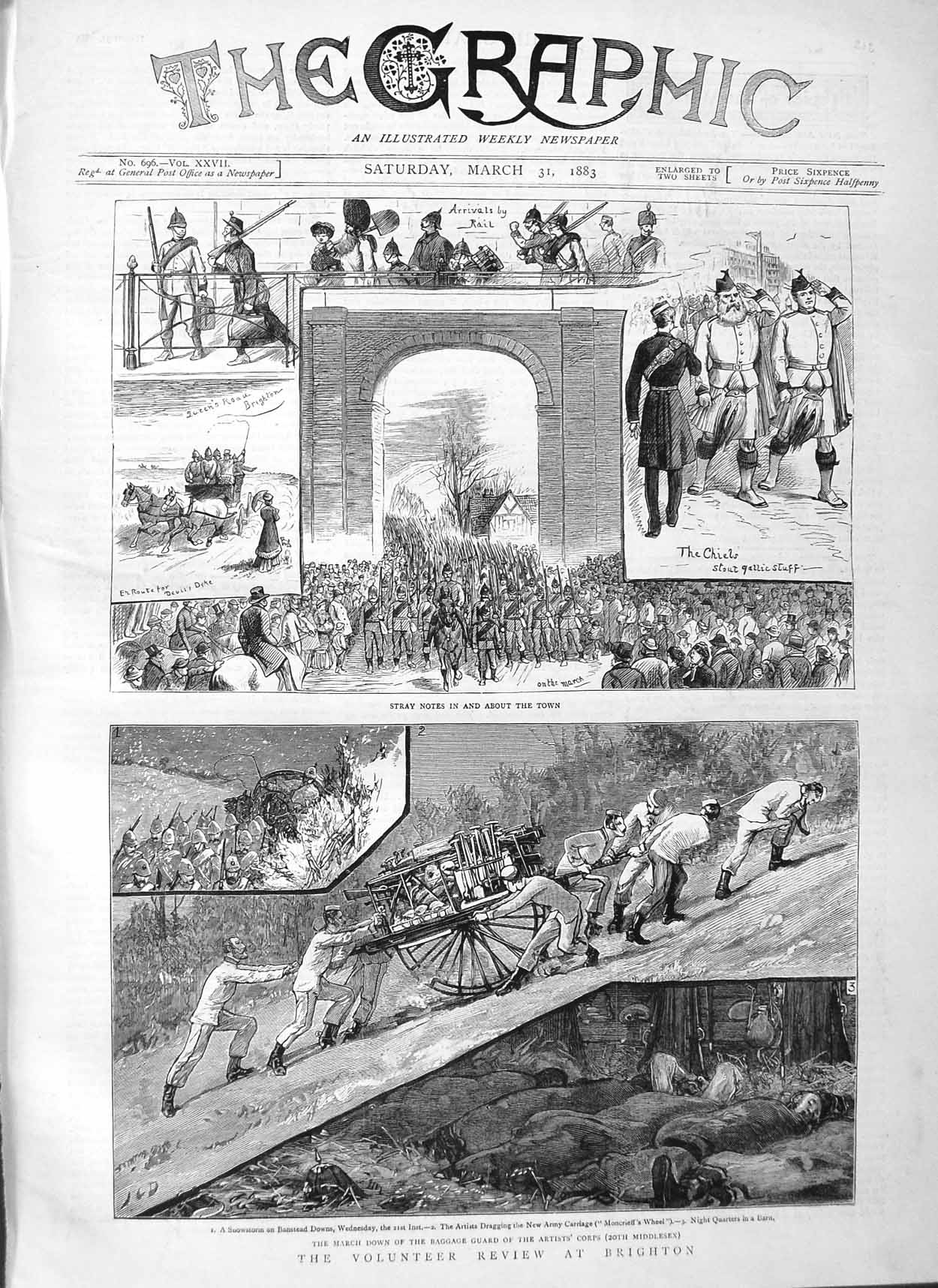 Original Old Antique Print 1883 Volunteer Review Brighton Siers Banstead Downs