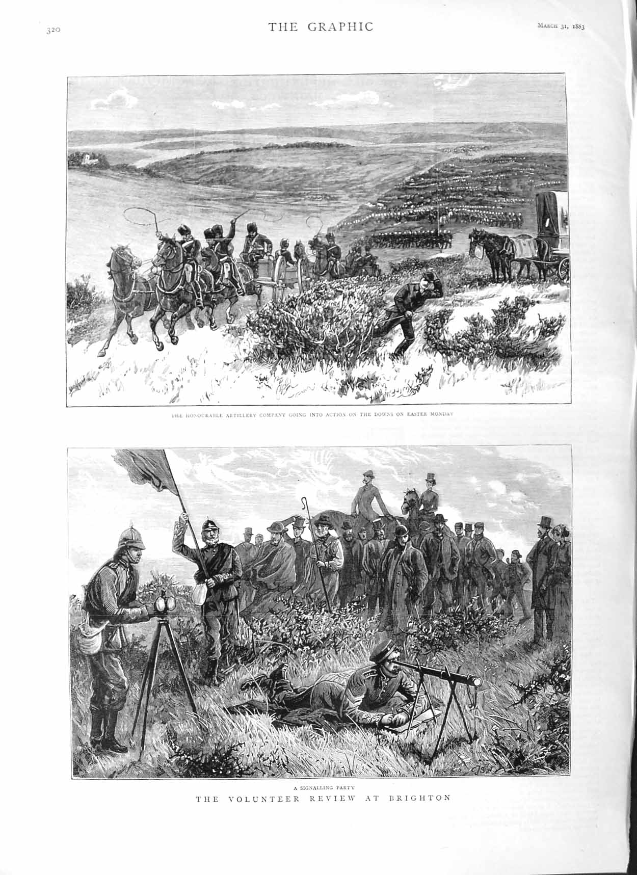 Original Old Antique Print 1883 Volunteer Review Brighton Artillery Siers Art
