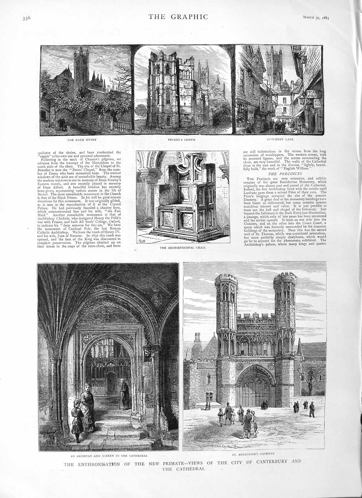 Old Antique Print 1883 Canterbury Cathedral Beckets Tower Augustine Gate 19th