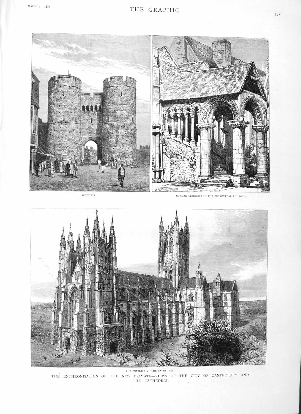 Original Old Antique Print 1883 Canterbury Cathedral Westgate Norman Staircase