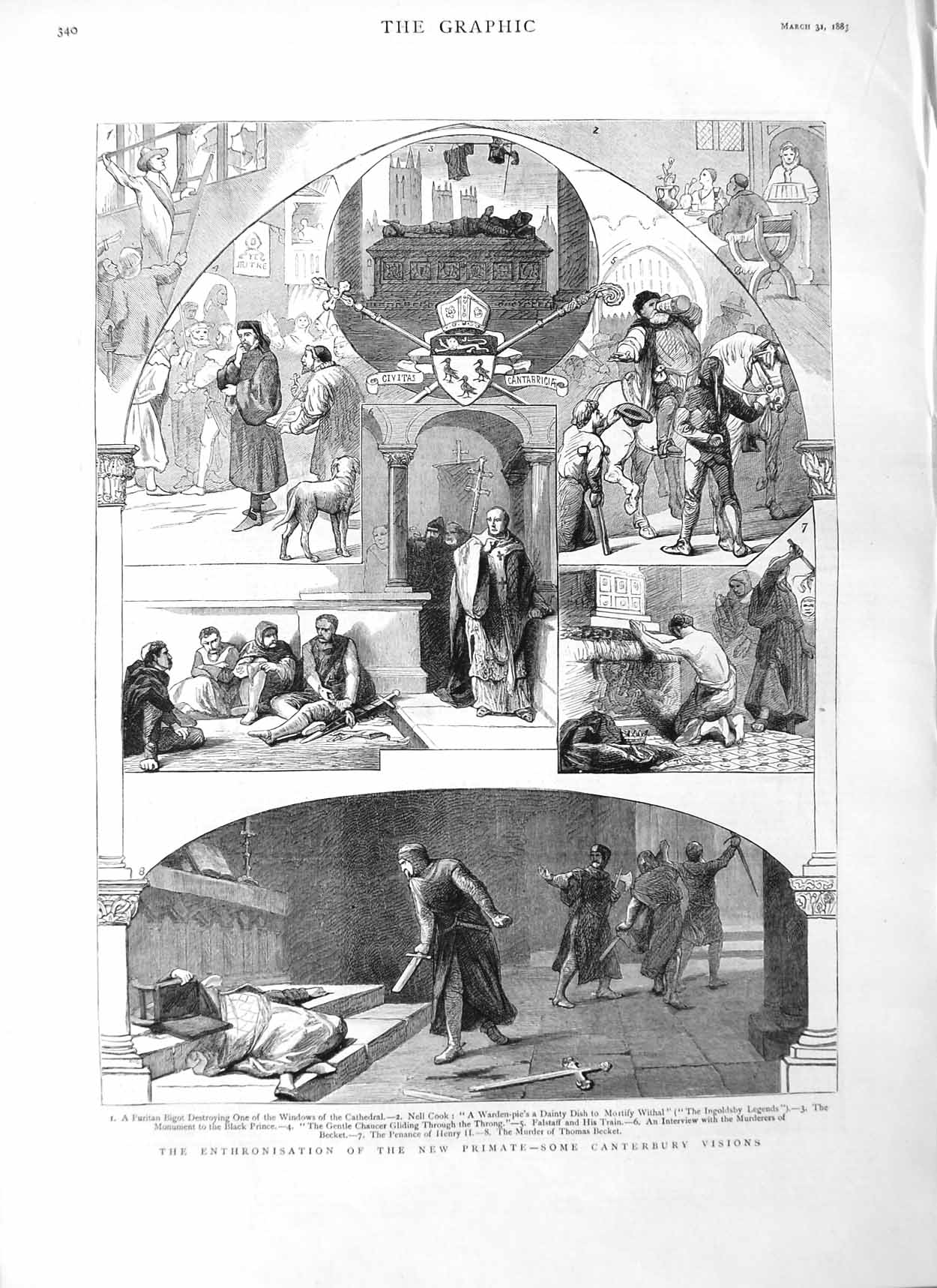 Old Antique Print 1883 Primate Canterbury Cathedral Thomas Becket Murder 19th