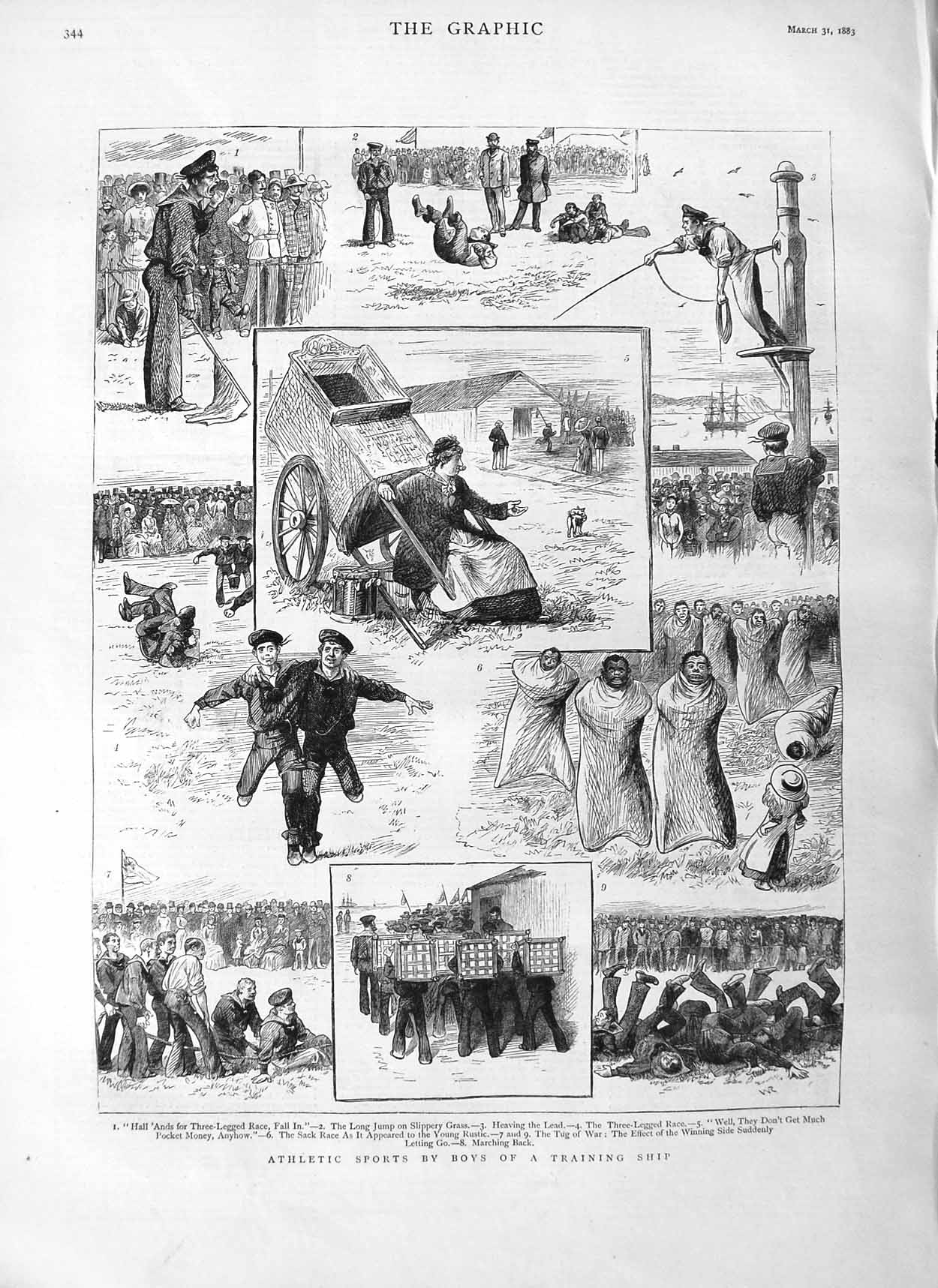 Old Antique Print 1883 Athletic Sport Boys Training Ship Racing Sailors 19th