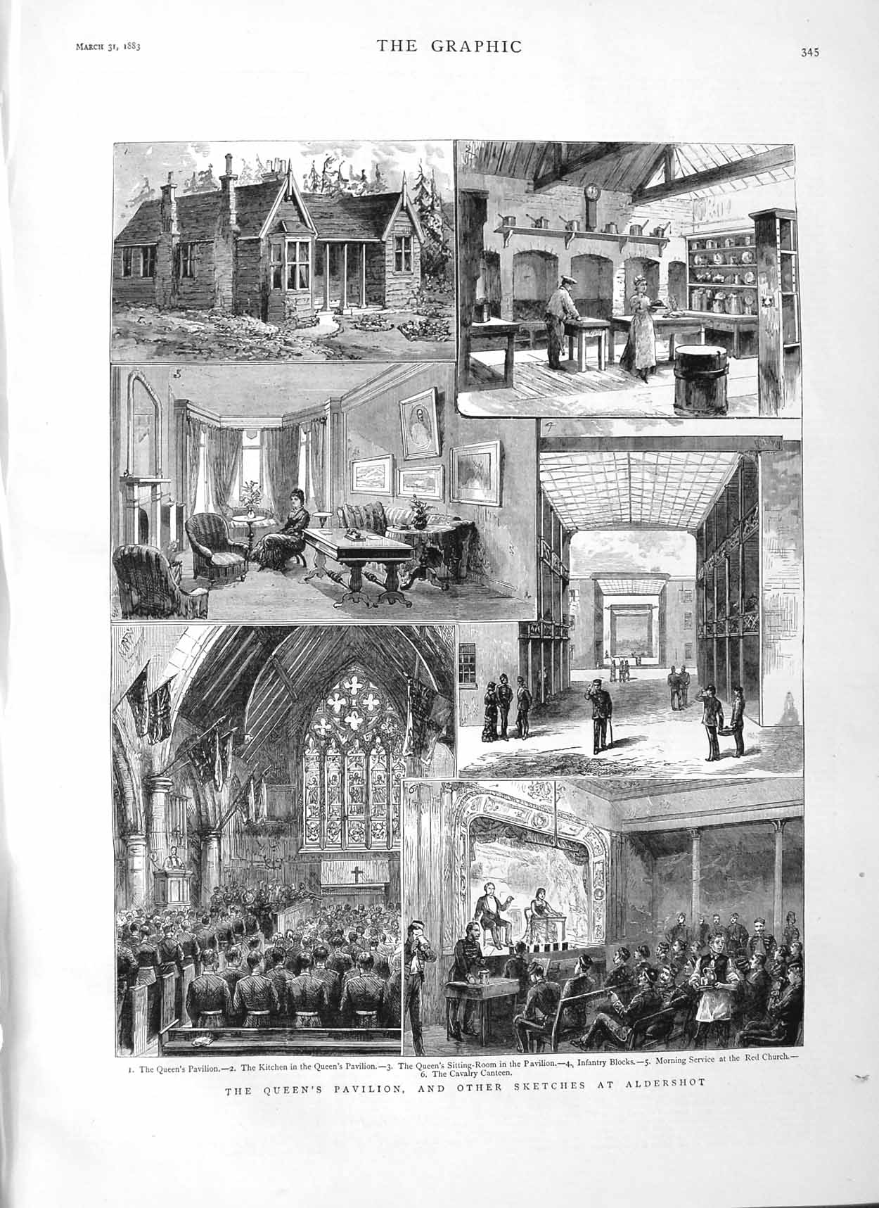 Original Old Antique Print 1883 Queen'S Pavilion Aldershot Red Church Victorian