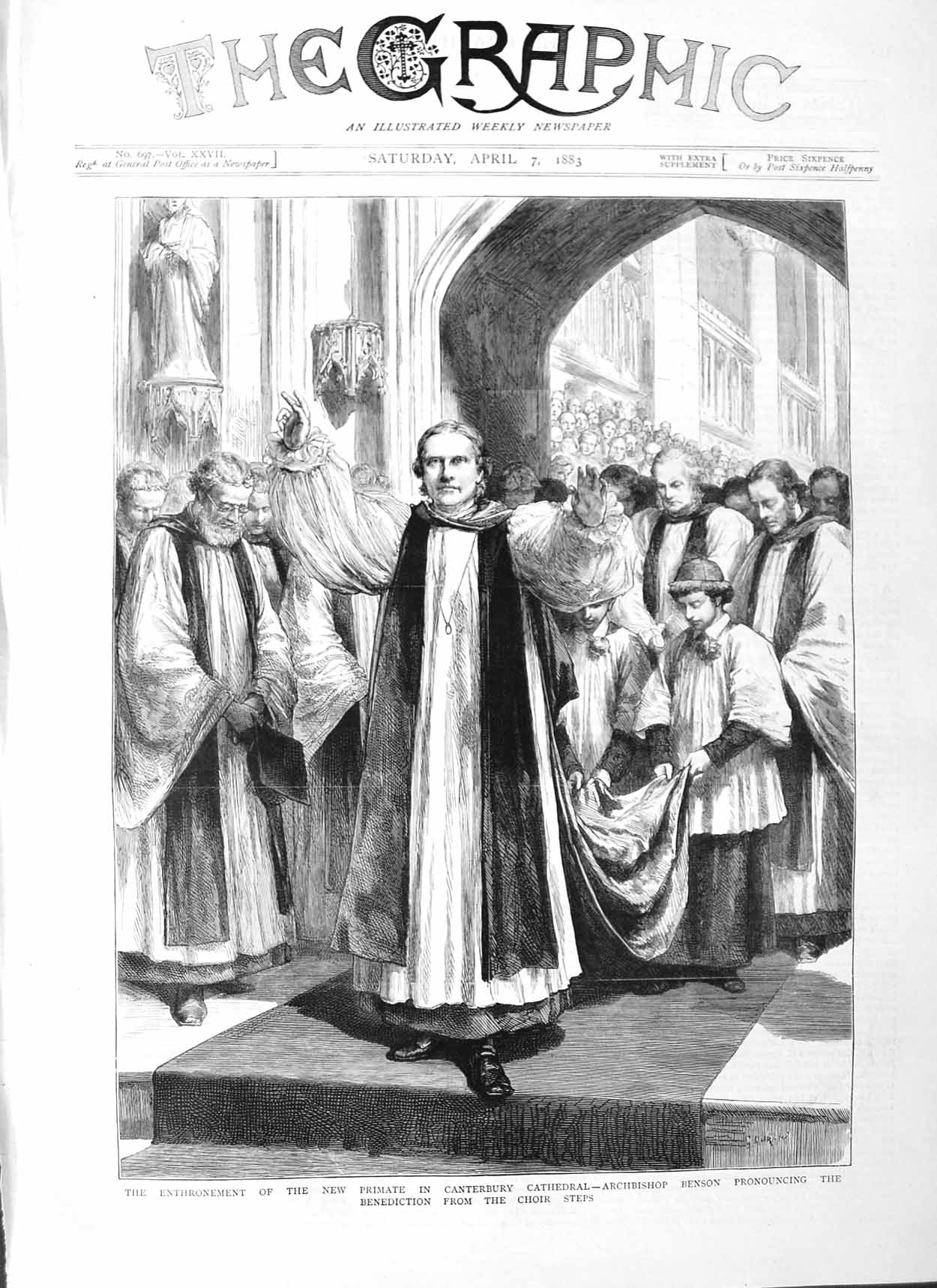 Original Old Antique Print 1883 Primate Canterbury Cathedral Archibishop Benson
