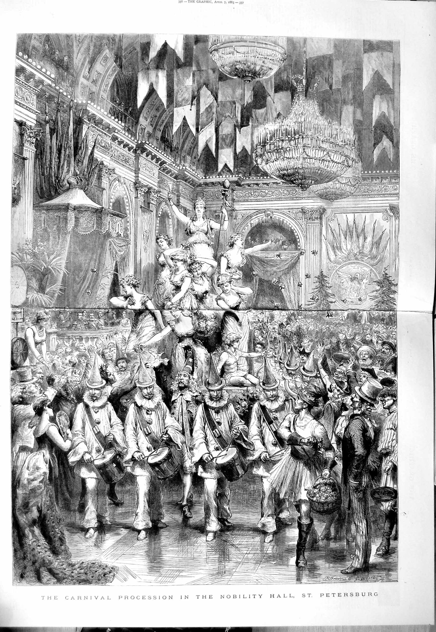 Old Antique Print 1883 Carnival Procession Nobility Hall St. Petersburg 19th
