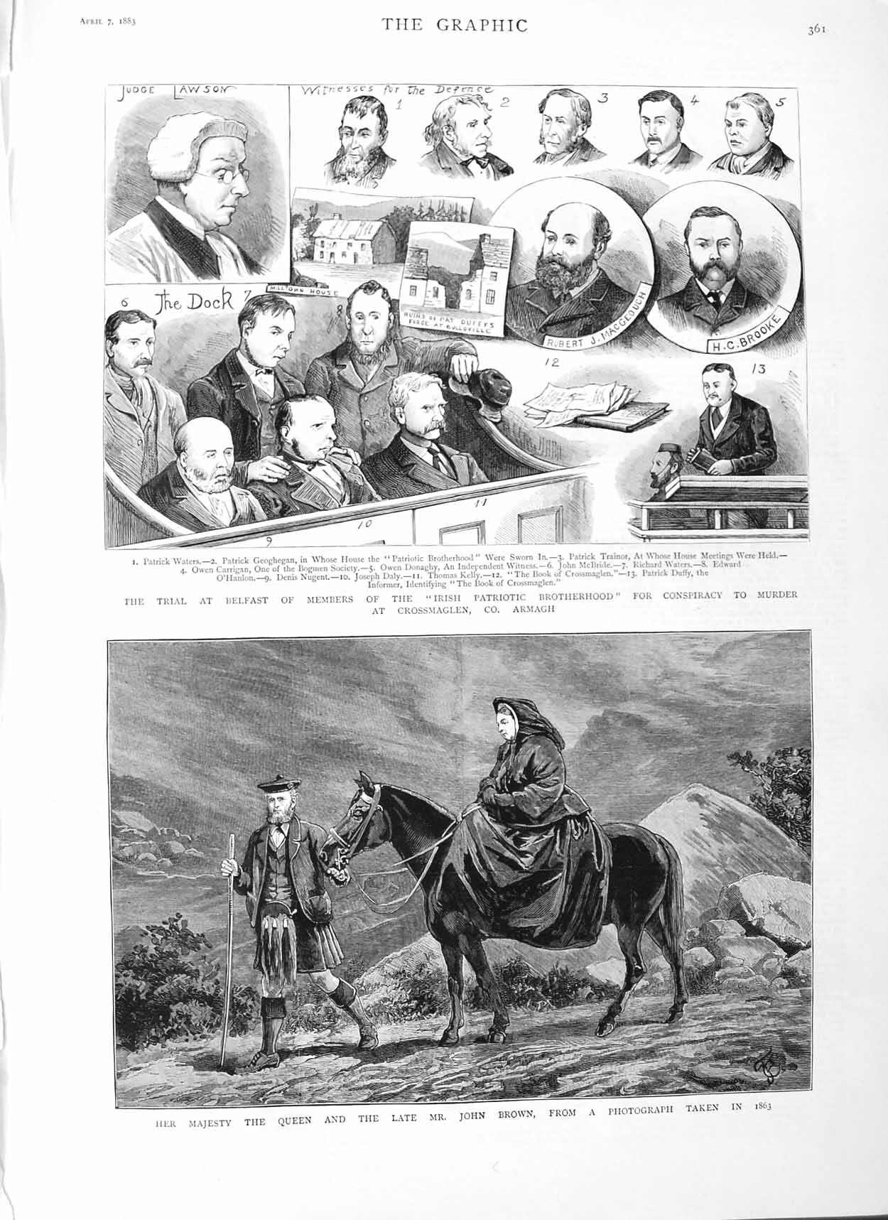Original Old Antique Print 1883 Queen John Brown Court Ireland Waters Cros 19th
