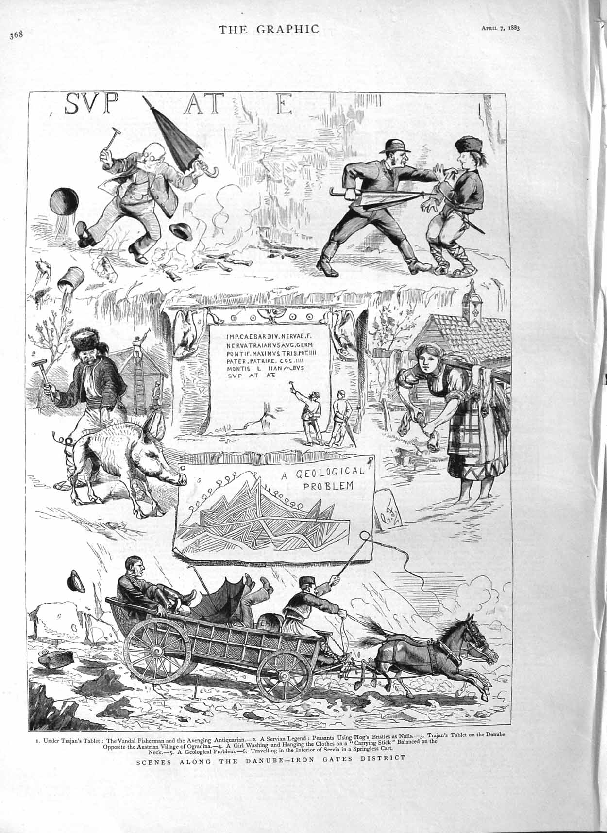 Original Old Antique Print 1883 Scene Danube Iron Gates Peasants Trajan Tablet