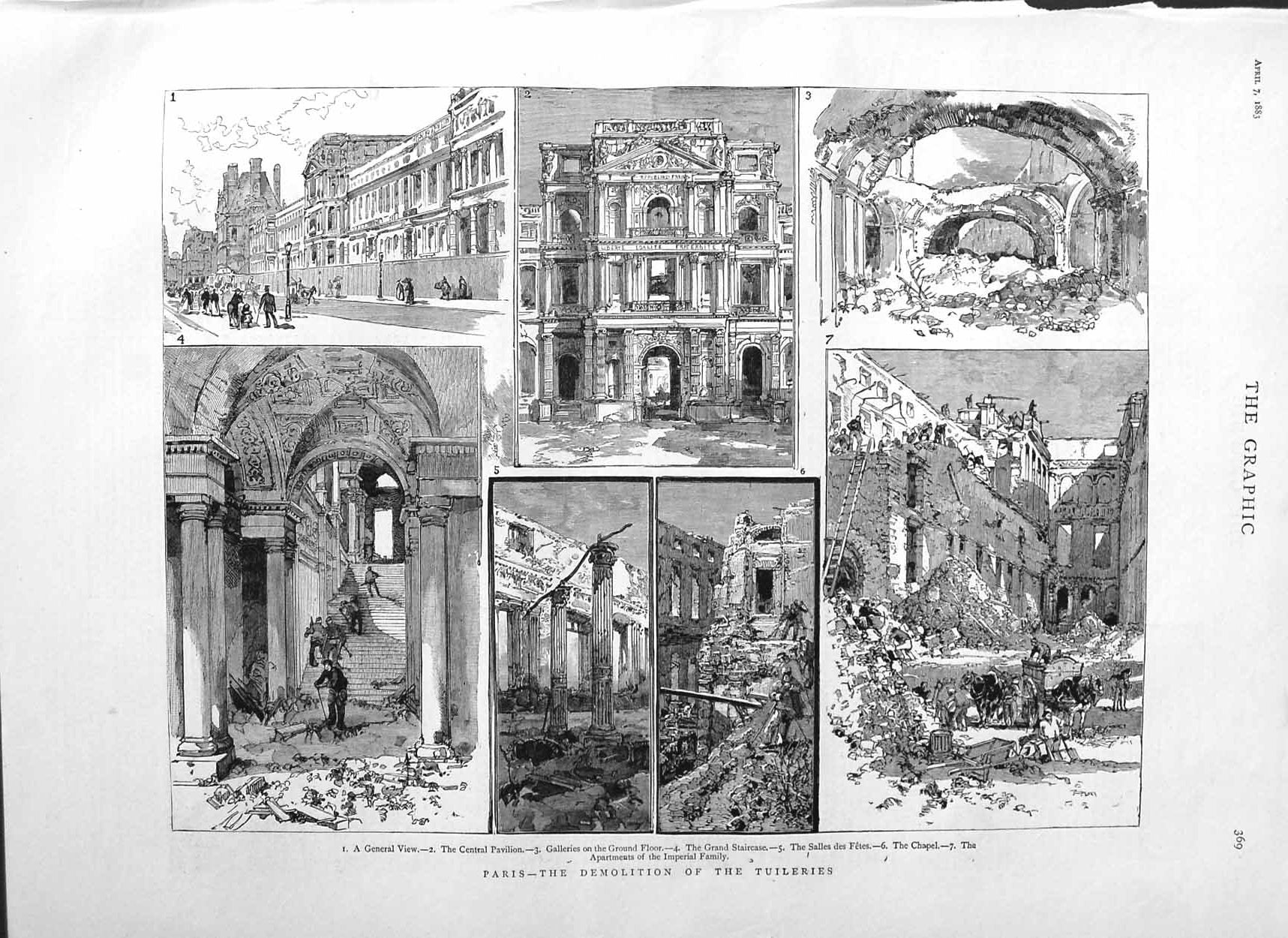 Old Antique Print 1883 Paris Demolition Tuileries Pavilion Salles Fetes 19th