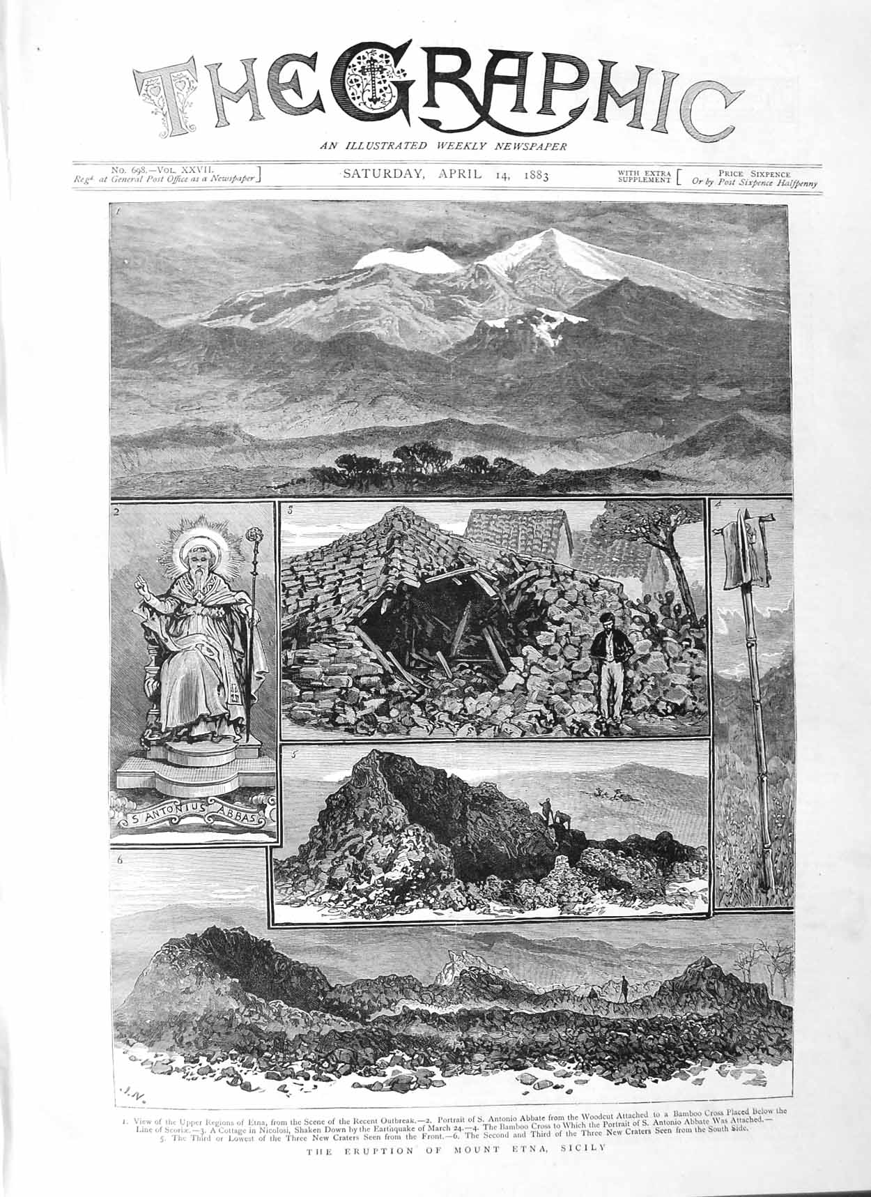 Original Old Antique Print 1883 Eruption Mount Etna Sicily Volcano Mountain Art