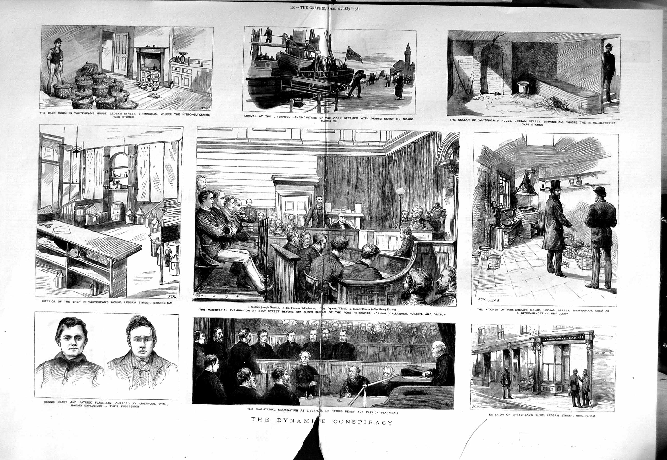 Original Old Antique Print 1883 Dynamite Deasy Flannigan Birmingham Bow Street