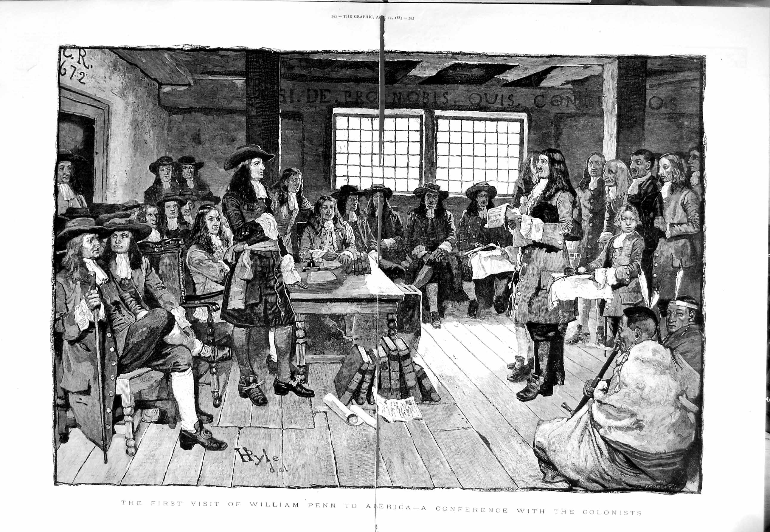 Original Old Antique Print 1883 William Penn America Colonists Men Fine Art