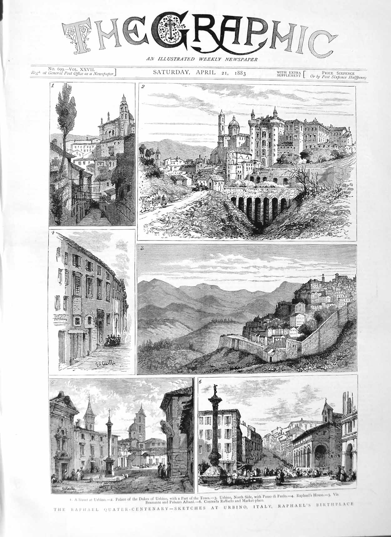 Original Old Antique Print 1883 Raphael Urbino Italy Bramante Palazzo Alban 19th