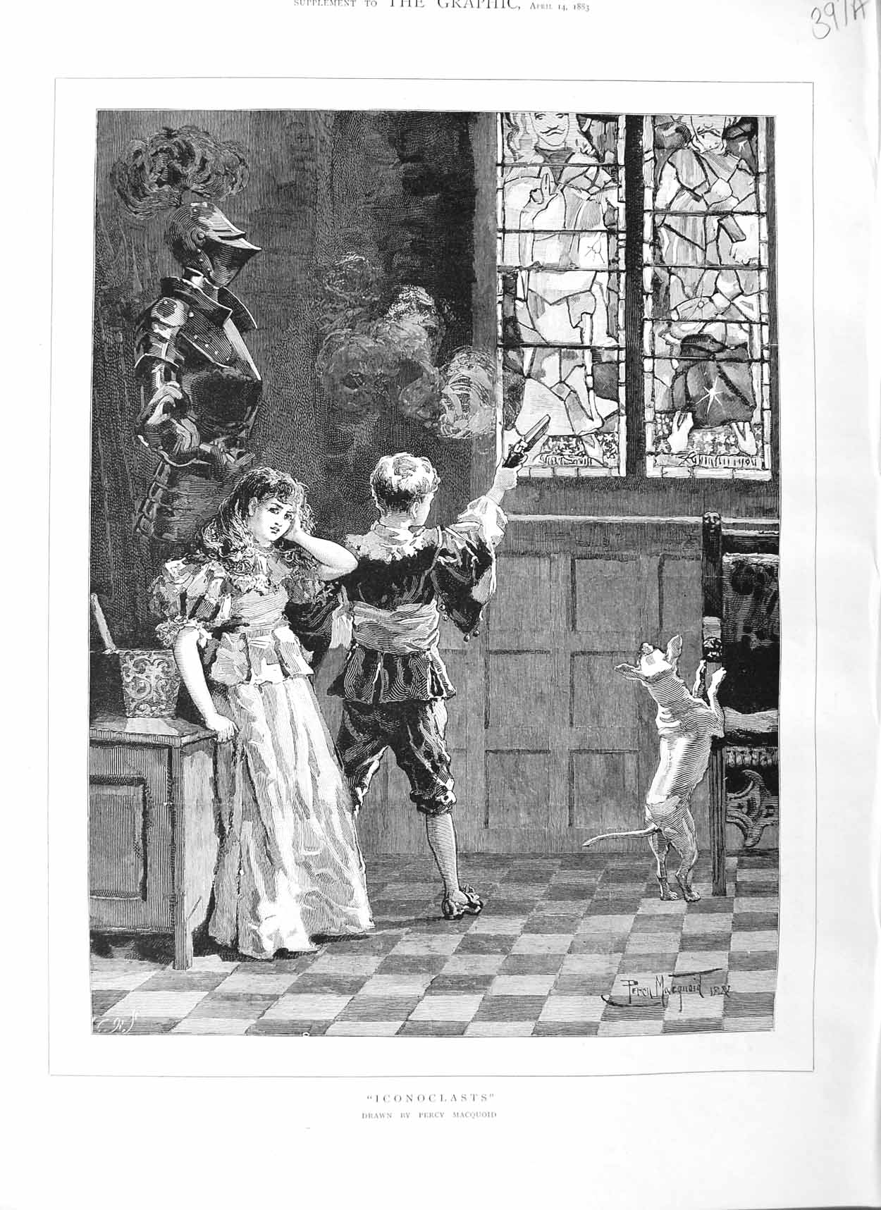 Old Antique Print 1883 Percy Maquoid Art Children Playing Gun Dog Knight 19th