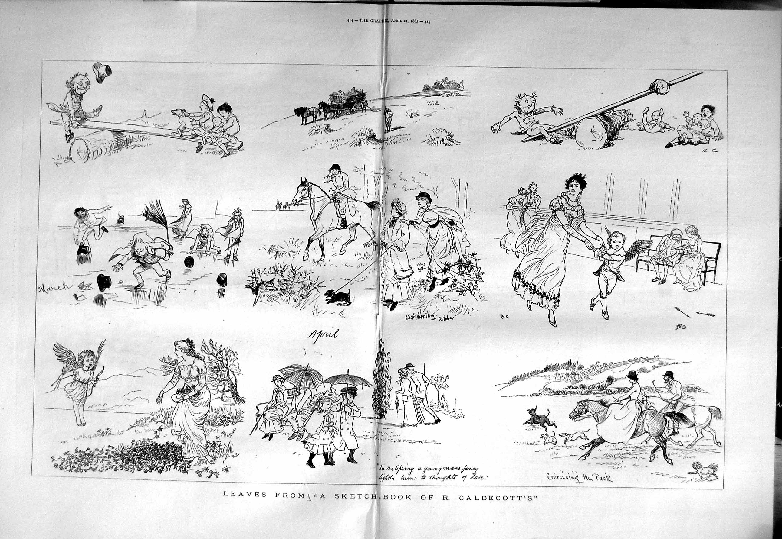 Old Antique Print 1883 Sketches Caldecotts Children Horses Hunting Wind 19th