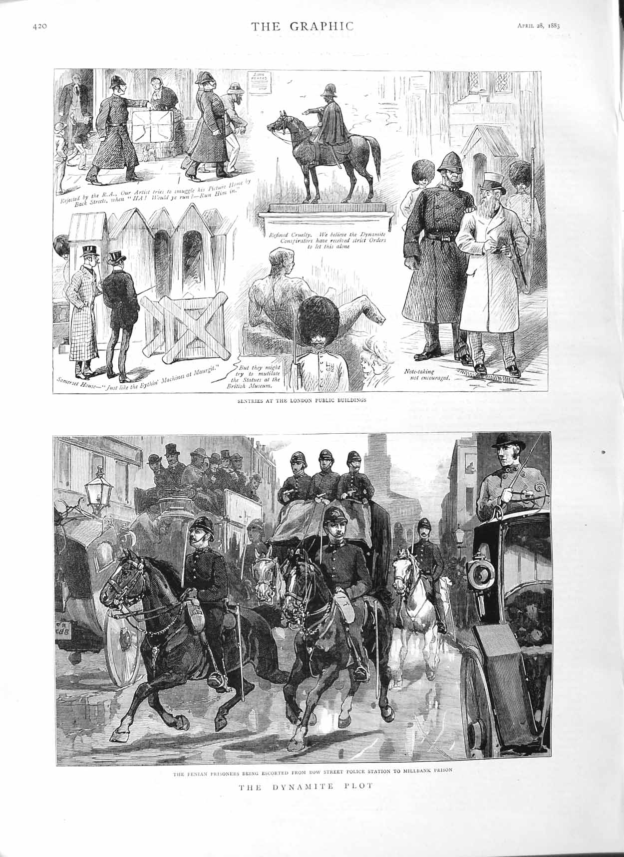 Old Antique Print 1883 Dynamite Plot Fenian Prisoners Bow Sentries London 19th
