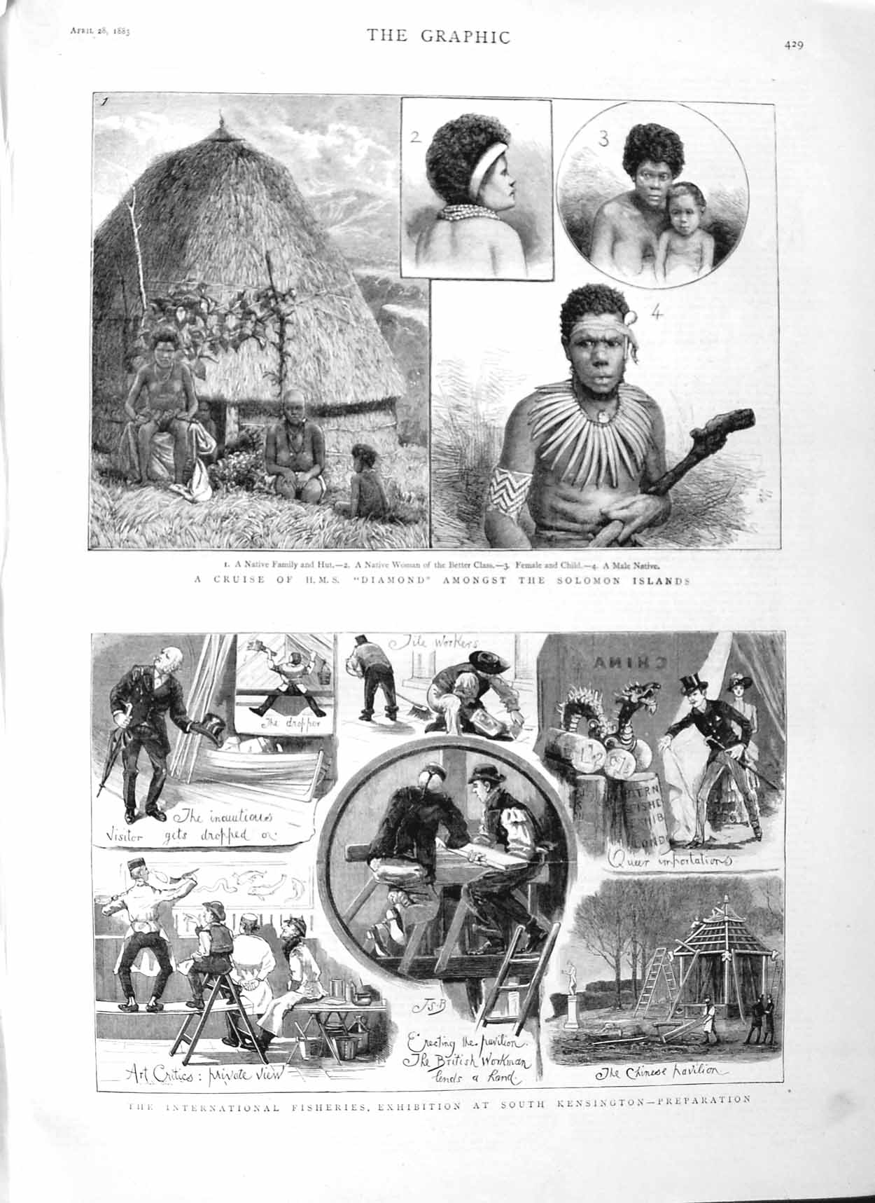 Original Old Antique Print 1883 Fisheries Exhibition Kensington Solomon Islands
