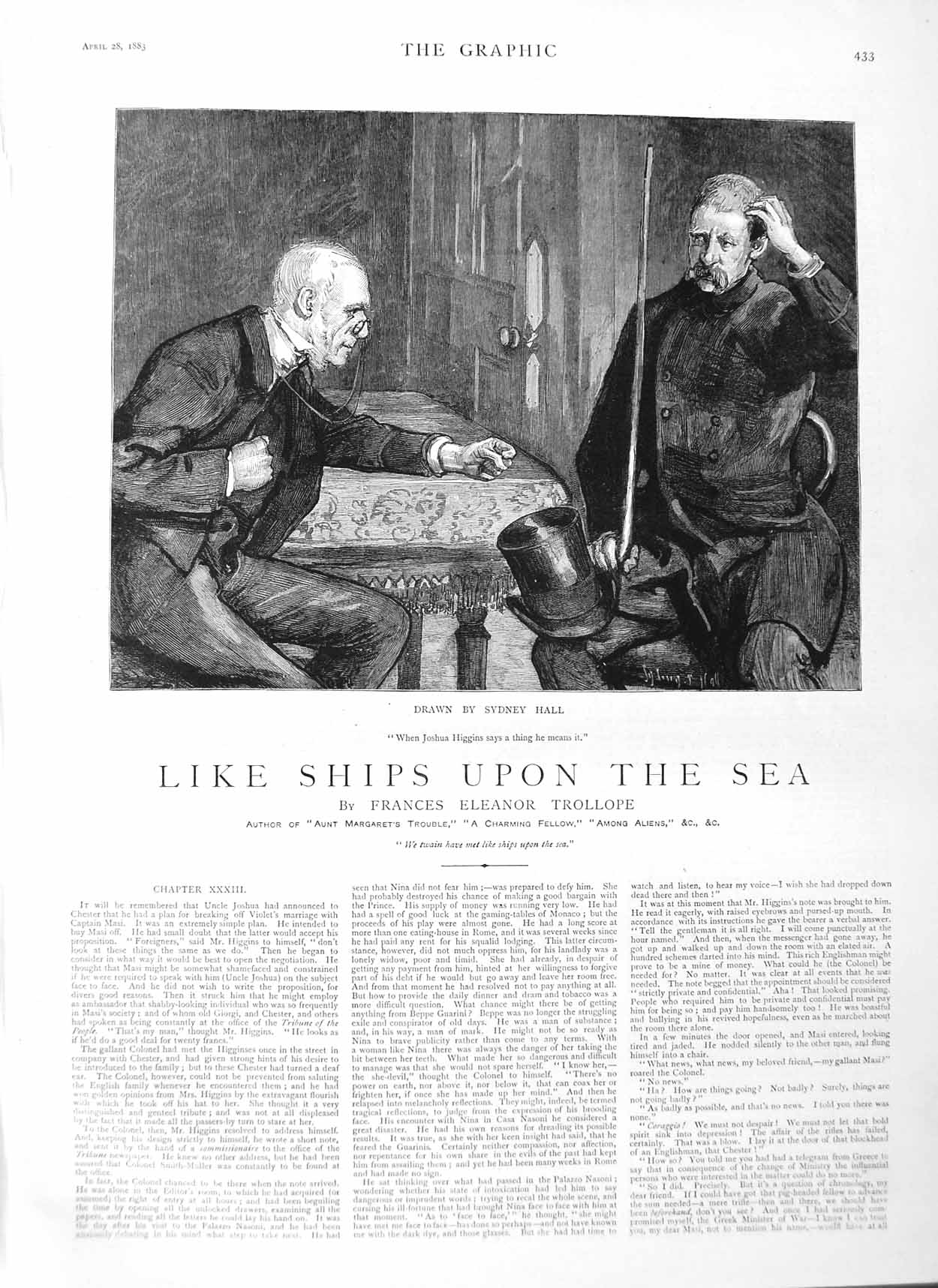 Original Old Antique Print 1883 Illustration Story Like Ships Upon Sea Higgins